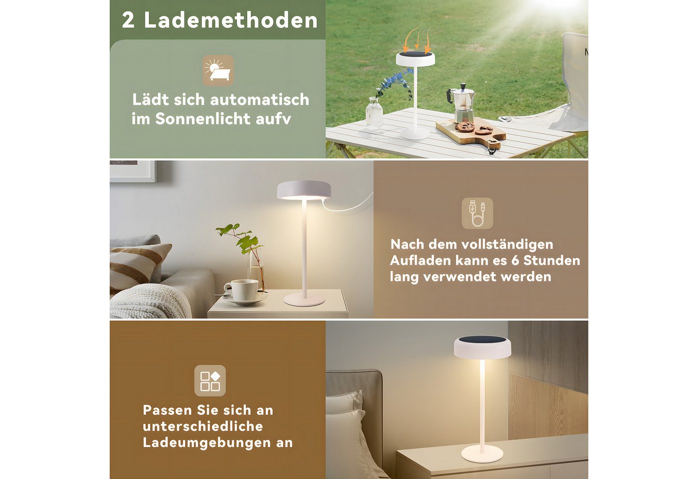 ZMH LED Tischleuchte Akku, kabellose Tischlampe mit USB-C- und Solaraufladung, Touch-Dimmer, 3 Farbtemperaturen 3000K/4000K/5000K, 3600 mAh, LED fest integriert – Bild 5 von 5