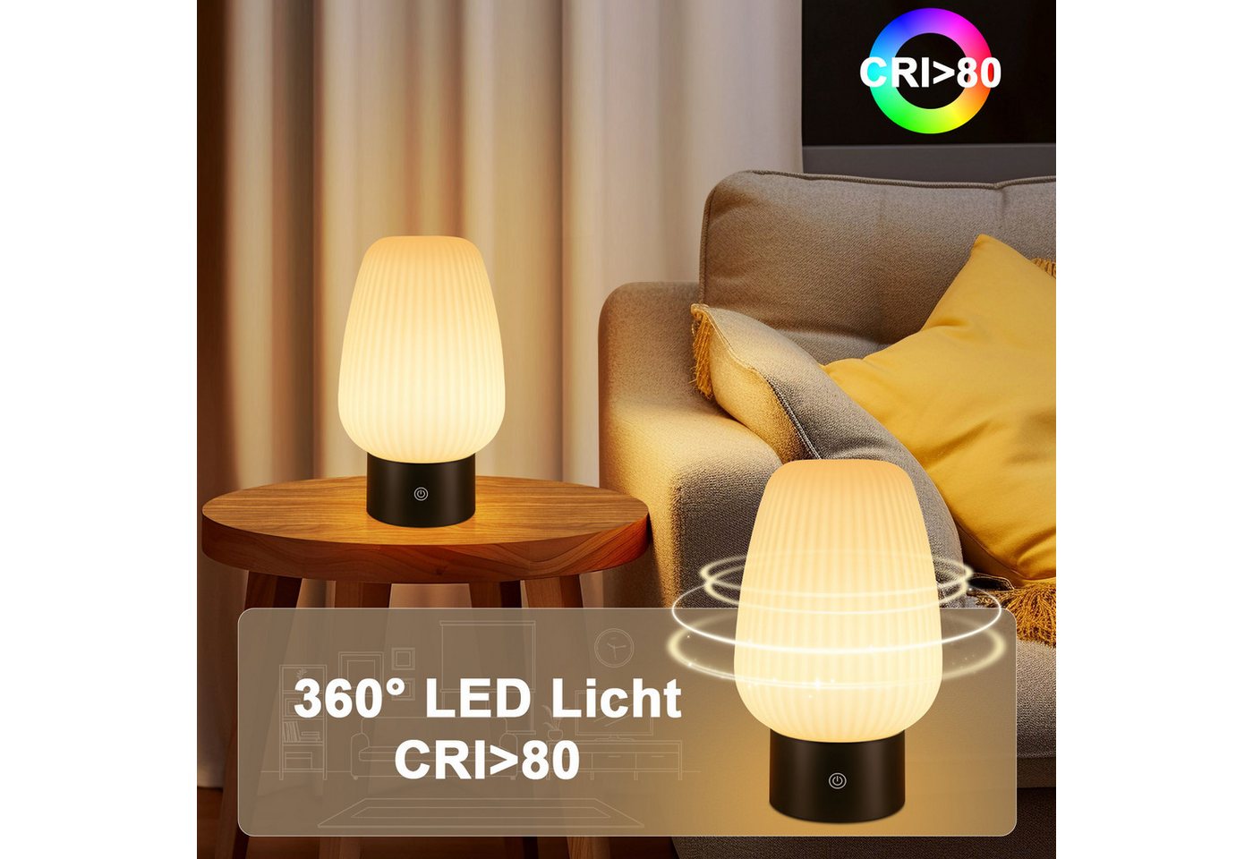 ZMH LED Tischleuchte aus Glas, kabellose Akku-Tischlampe mit Touch-Dimmer, 3 Lichtfarben 3000/4000/6500 K, USB-C, LED fest integriert, Warmweiß, Neutralweiß, Ka – Bild 2 von 5