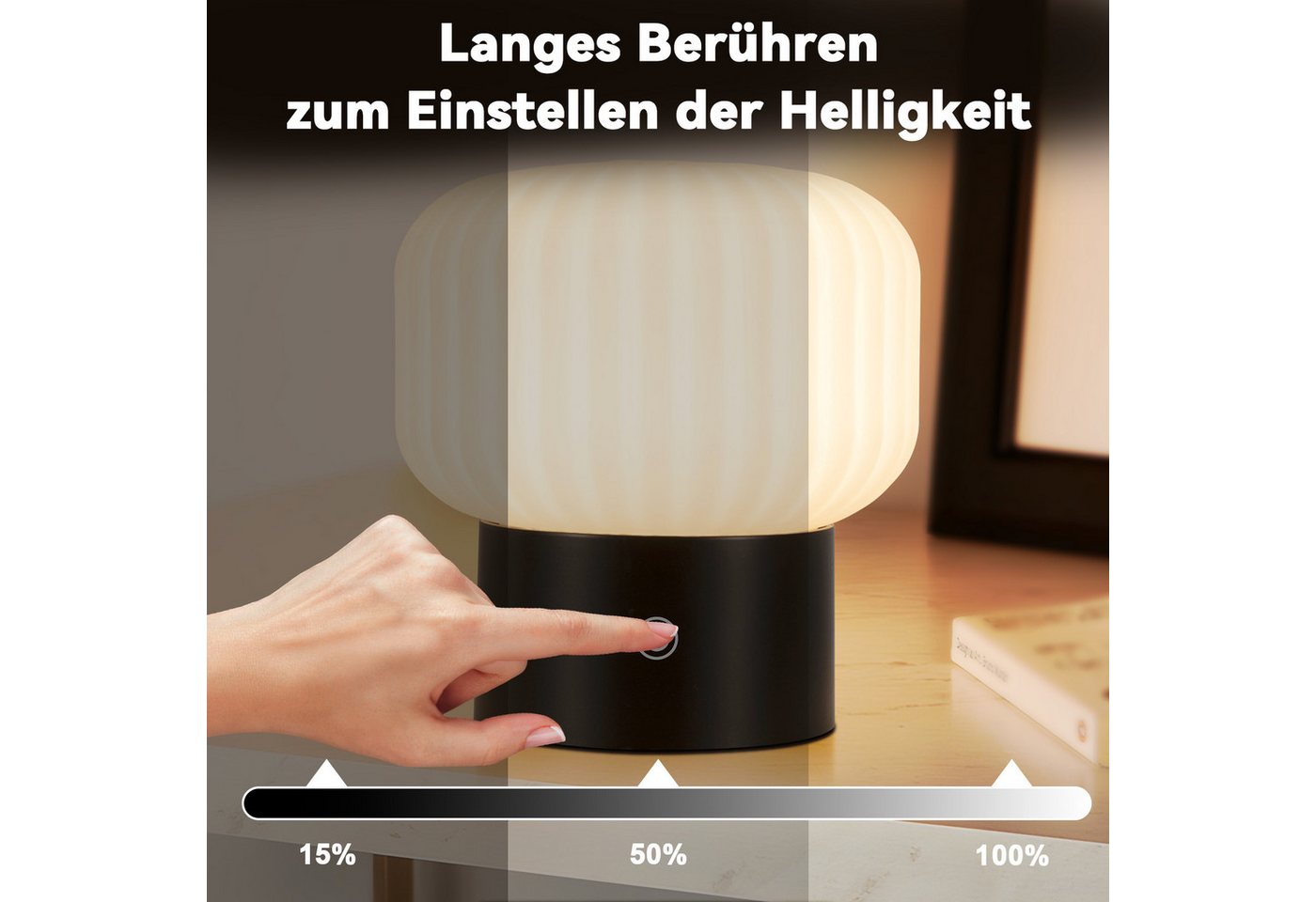 ZMH LED Tischleuchte aus Glas, kabellose Akku-Tischlampe mit Touch-Dimmer, 3 Lichtfarben 3000/4000/6500 K, USB-C, LED fest integriert, Warmweiß, Neutralweiß, Ka – Bild 3 von 5