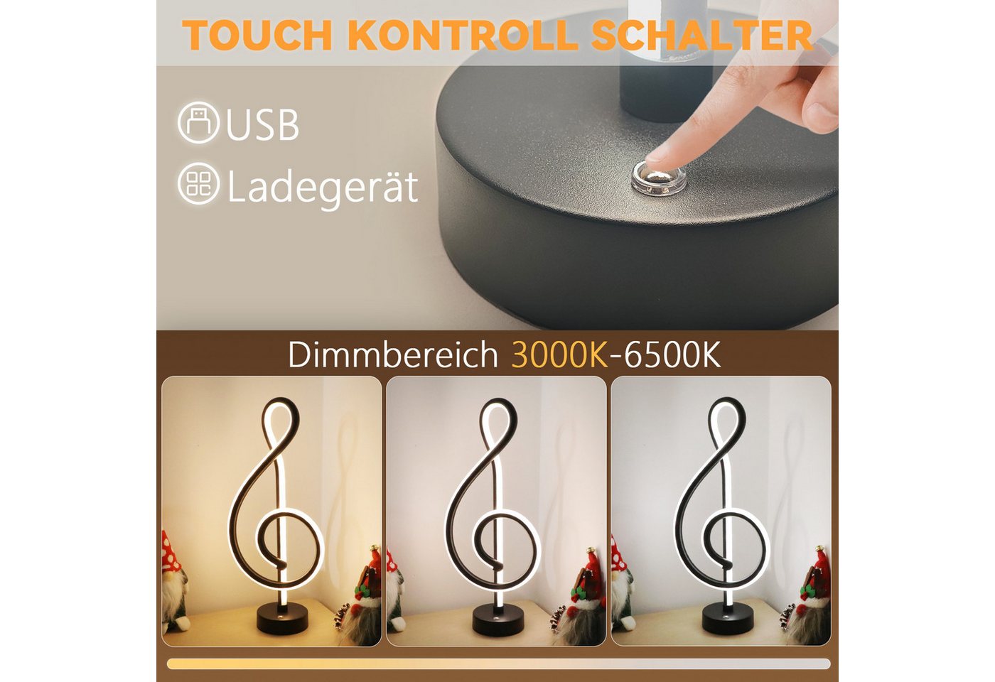 ZMH LED Tischleuchte kabellos, G-förmige Akku-Nachttischlampe mit Touch-Dimmer, 3 Farbtemperaturen 3000/4500/6500 K, USB-C-aufladbar, LED fest integriert, 3000- – Bild 2 von 5