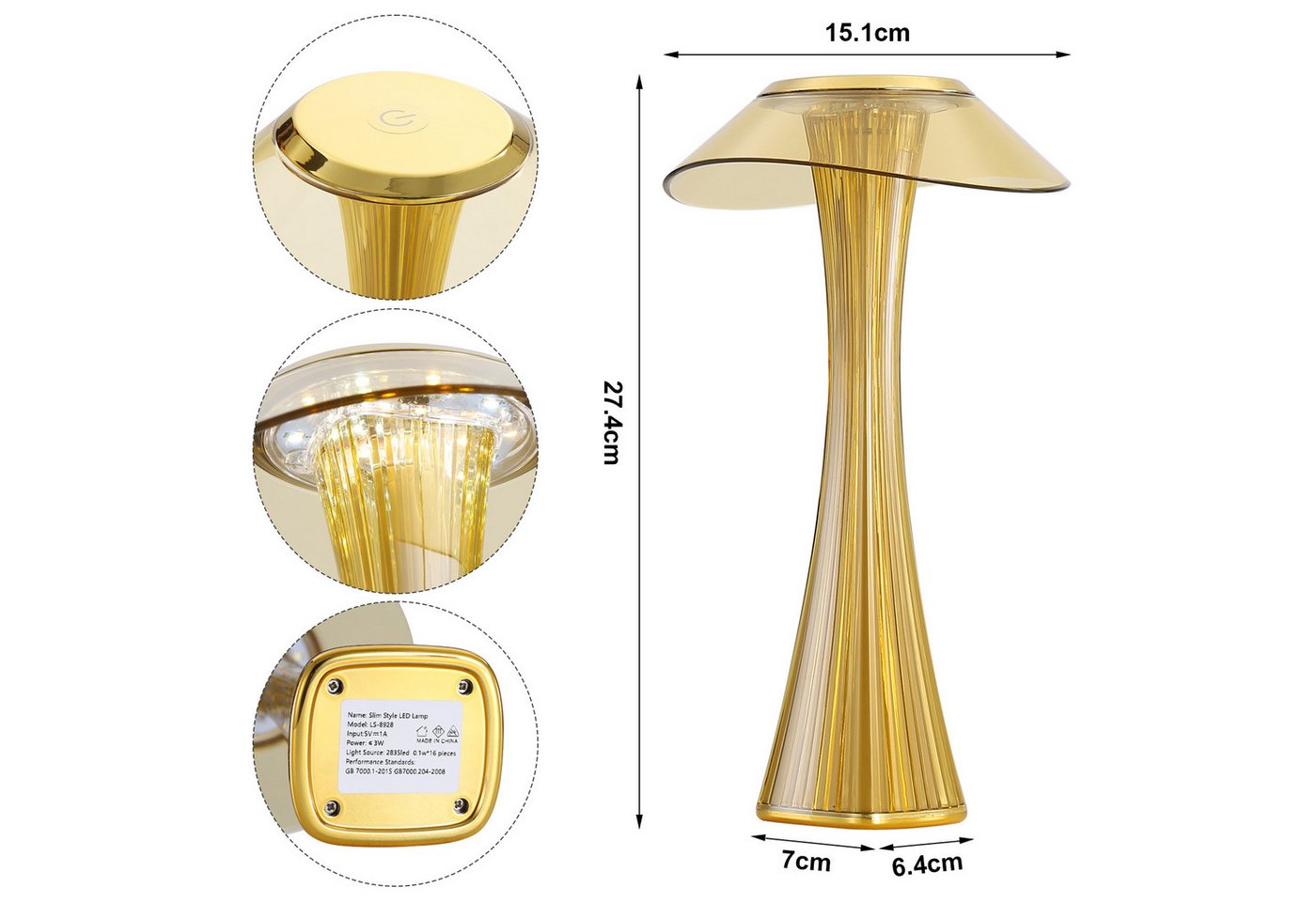 ZMH Nachttischlampe Akku,kabellose LED-Tischleuchte mit Touch-Dimmer, 3 Helligkeitsstufen, LED fest integriert, USB-aufladbar, dekorative Nachtleuchte für Schla – Bild 2 von 5