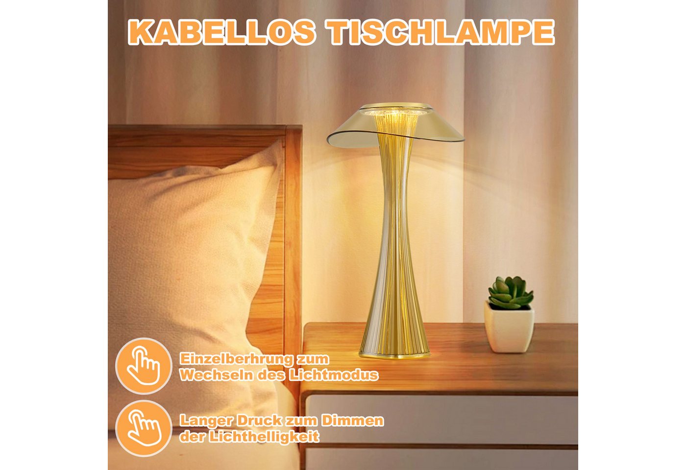 ZMH Nachttischlampe Akku,kabellose LED-Tischleuchte mit Touch-Dimmer, 3 Helligkeitsstufen, LED fest integriert, USB-aufladbar, dekorative Nachtleuchte für Schla – Bild 4 von 5