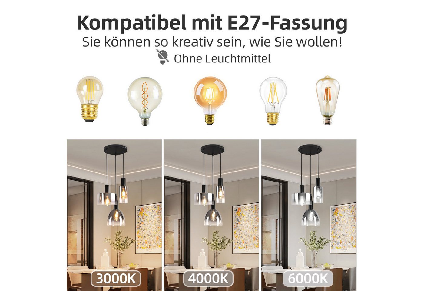 ZMH Pendelleuchte 3/4-flammig,Rauchglas Hängeleuchte,E27 Vintage Glaslampe, höhenverstellbar, ohne Leuchtmittel, für Esstisch und Wohnzimmer – Bild 4 von 5