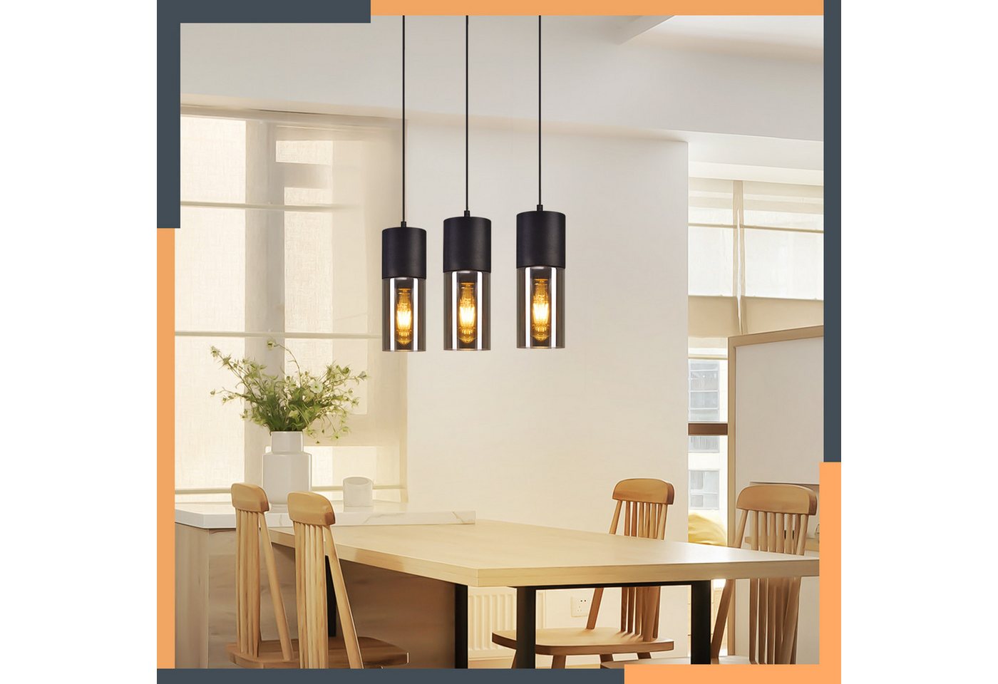 ZMH Pendelleuchte 3/4-flammig, Schwarz, E27, höhenverstellbar, ohne Leuchtmittel, Metall- und Glas-Lampenschirme – Bild 2 von 5