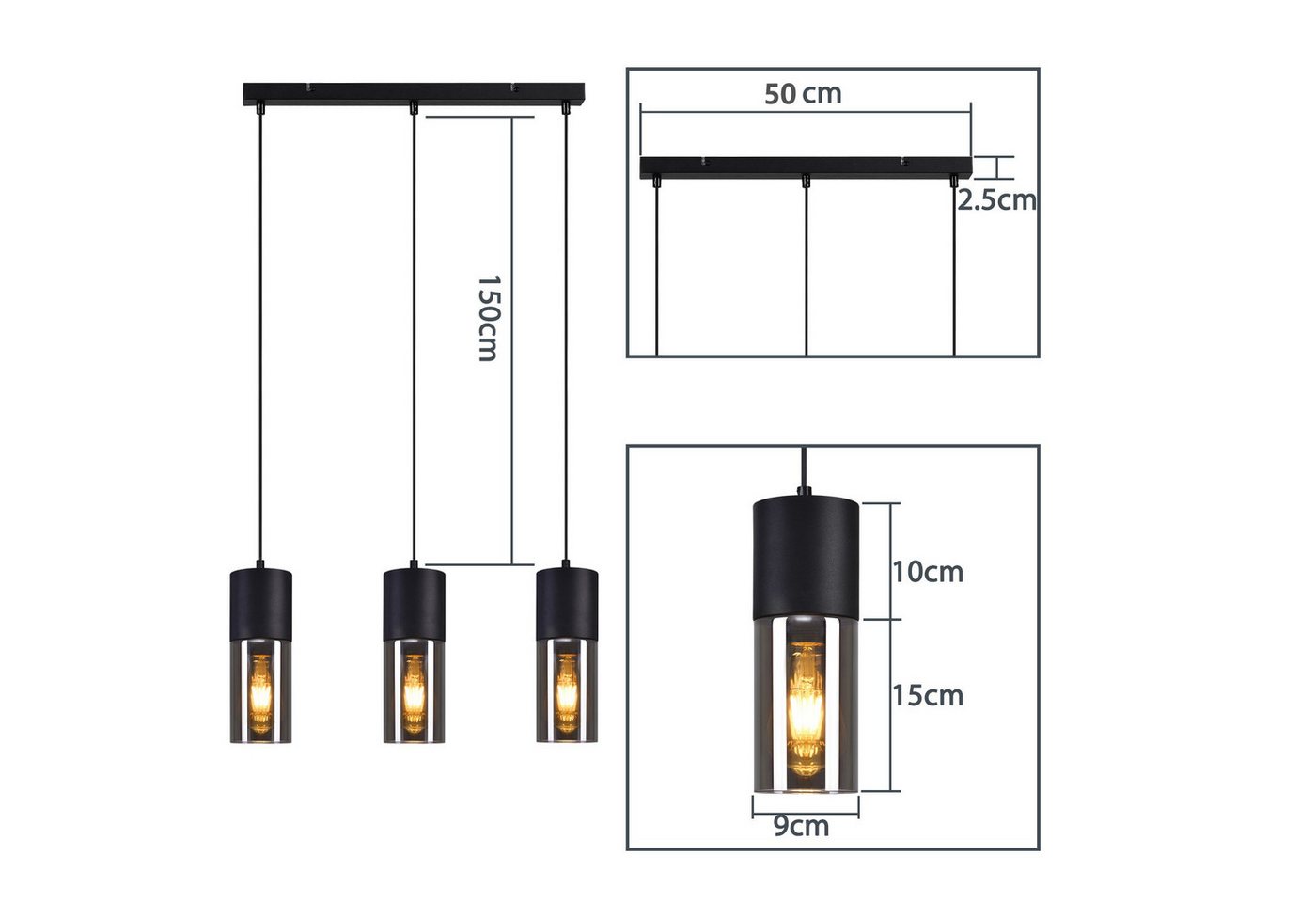 ZMH Pendelleuchte 3/4-flammig, Schwarz, E27, höhenverstellbar, ohne Leuchtmittel, Metall- und Glas-Lampenschirme – Bild 3 von 5