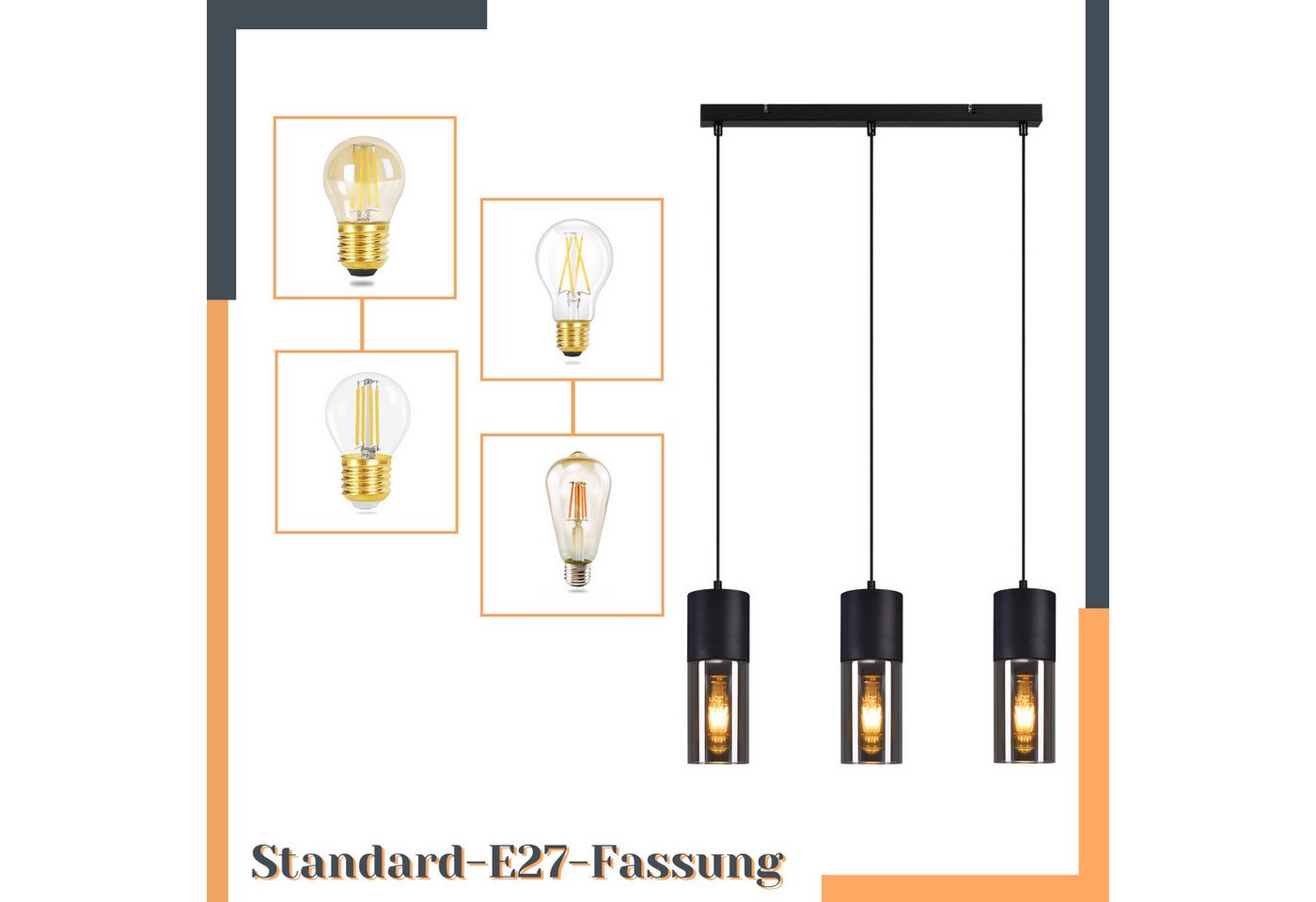 ZMH Pendelleuchte 3/4-flammig, Schwarz, E27, höhenverstellbar, ohne Leuchtmittel, Metall- und Glas-Lampenschirme – Bild 5 von 5