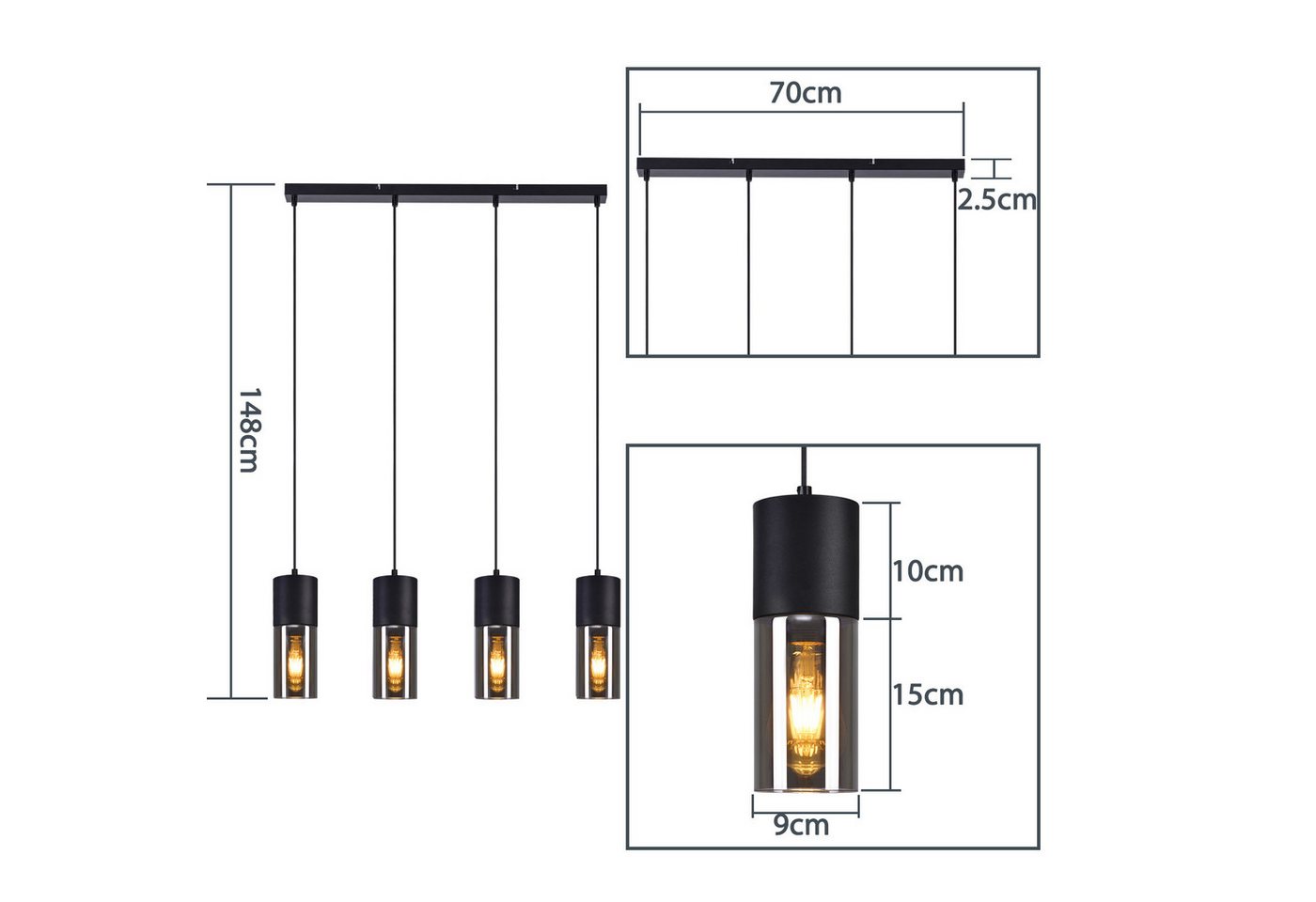 ZMH Pendelleuchte 3/4-flammig, Schwarz, E27, höhenverstellbar, ohne Leuchtmittel, Metall- und Glas-Lampenschirme – Bild 2 von 5