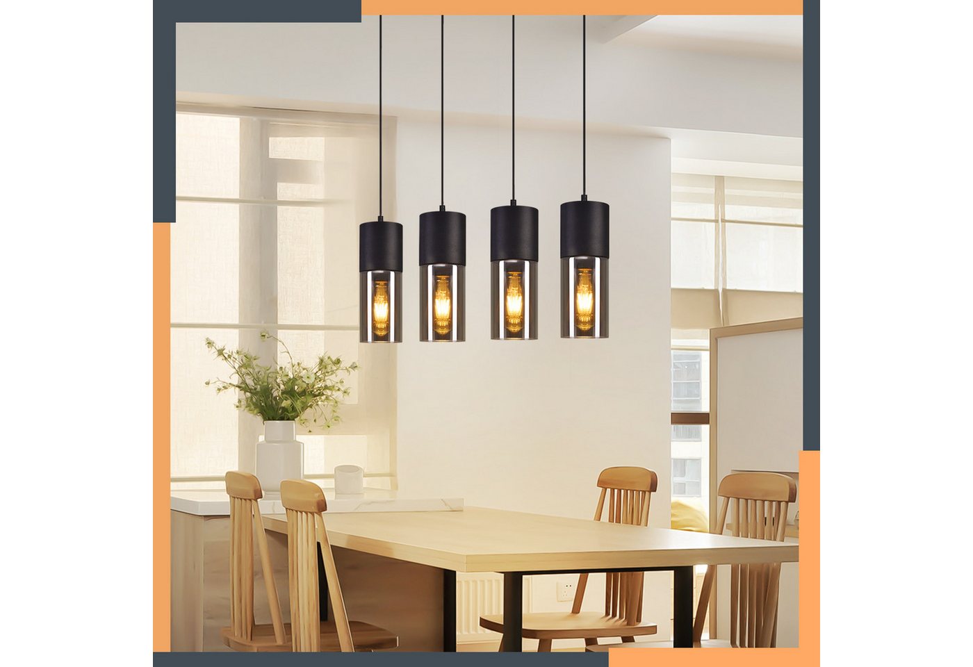ZMH Pendelleuchte 3/4-flammig, Schwarz, E27, höhenverstellbar, ohne Leuchtmittel, Metall- und Glas-Lampenschirme – Bild 3 von 5