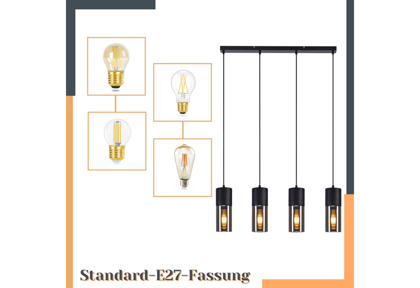 ZMH Pendelleuchte 3/4-flammig, Schwarz, E27, höhenverstellbar, ohne Leuchtmittel, Metall- und Glas-Lampenschirme – Bild 4 von 5