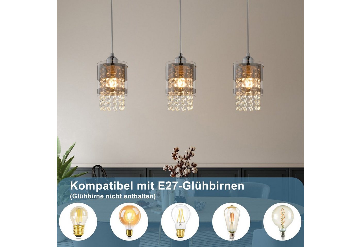 ZMH Pendelleuchte E27 Kristall, Hängeleuchte für Esstisch, Kristalllampe, höhenverstellbar bis 150 cm, ohne Leuchtmittel, Esszimmerlampe für Wohnzimmer Küche – Bild 3 von 5