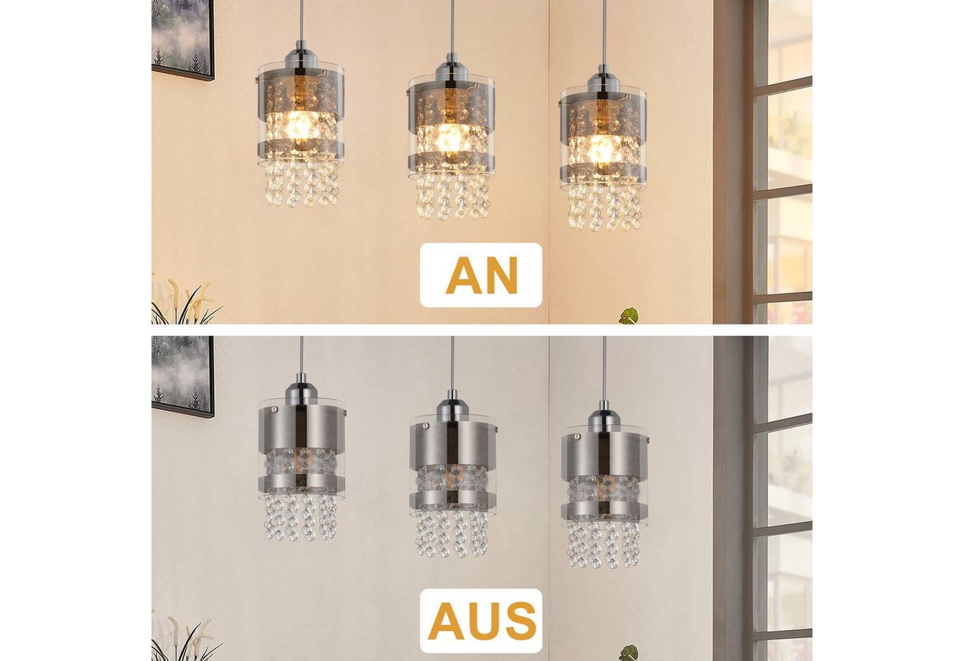 ZMH Pendelleuchte E27 Kristall, Hängeleuchte für Esstisch, Kristalllampe, höhenverstellbar bis 150 cm, ohne Leuchtmittel, Esszimmerlampe für Wohnzimmer Küche – Bild 4 von 5