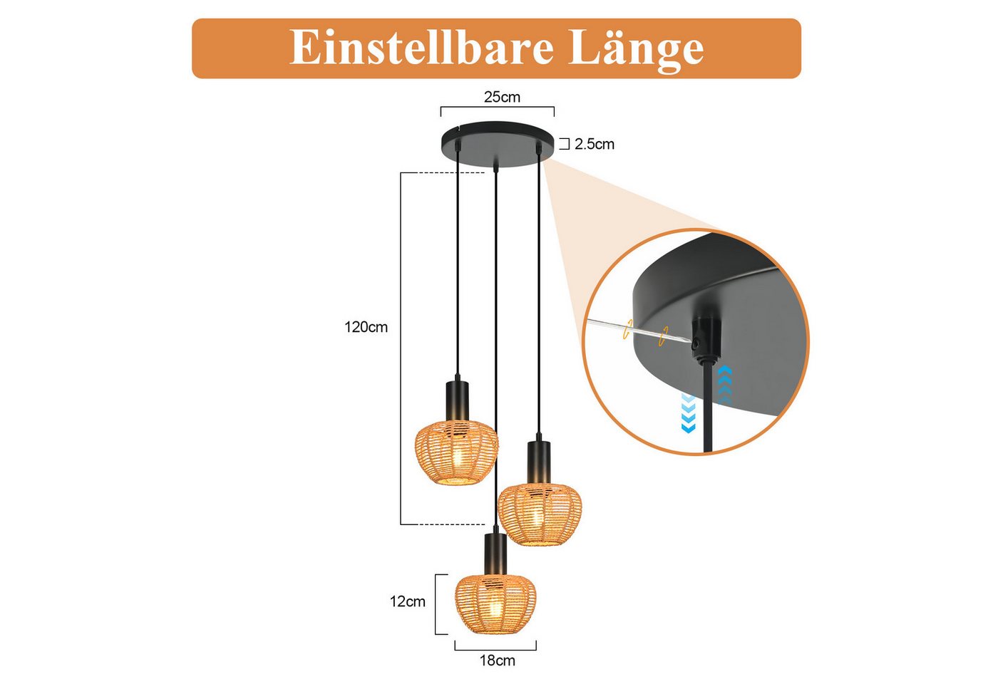 ZMH Pendelleuchte Esstisch, 1/3-flammig, Hängeleuchte mit geflochtenem Papierschirm, bis 120 cm höhenverstellbar, ohne Leuchtmittel, E27, Boho Vintage – Bild 3 von 5