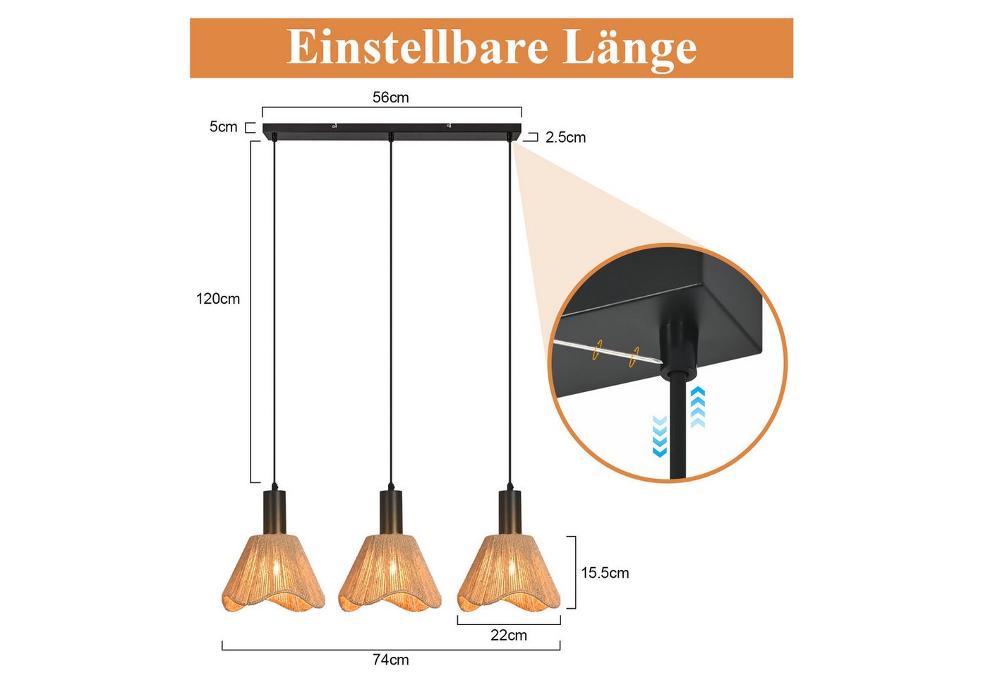 ZMH Pendelleuchte Esstisch, 1/3-flammig, Hängeleuchte mit geflochtenem Papierschirm, bis 120 cm höhenverstellbar, ohne Leuchtmittel, E27, Boho Vintage – Bild 3 von 5