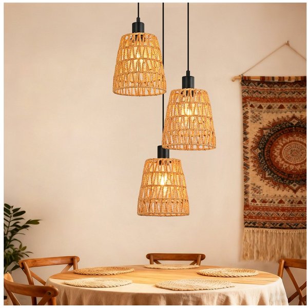 ZMH Pendelleuchte Esstisch, 1/3-flammig, Hängeleuchte mit geflochtenem Papierschirm, bis 120 cm höhenverstellbar, ohne Leuchtmittel, E27, Boho Vintage