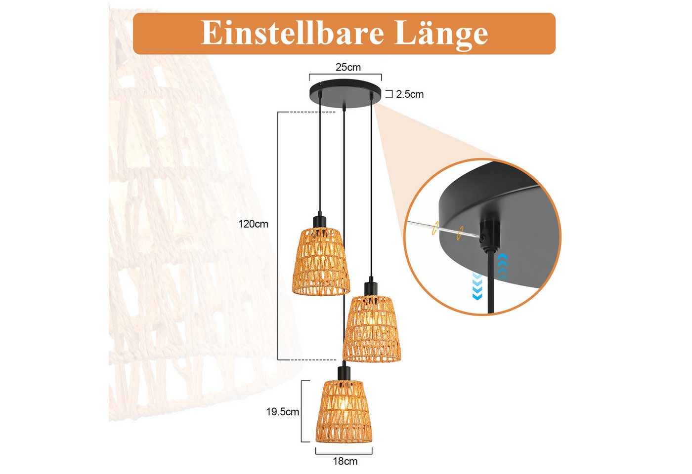 ZMH Pendelleuchte Esstisch, 1/3-flammig, Hängeleuchte mit geflochtenem Papierschirm, bis 120 cm höhenverstellbar, ohne Leuchtmittel, E27, Boho Vintage – Bild 3 von 5