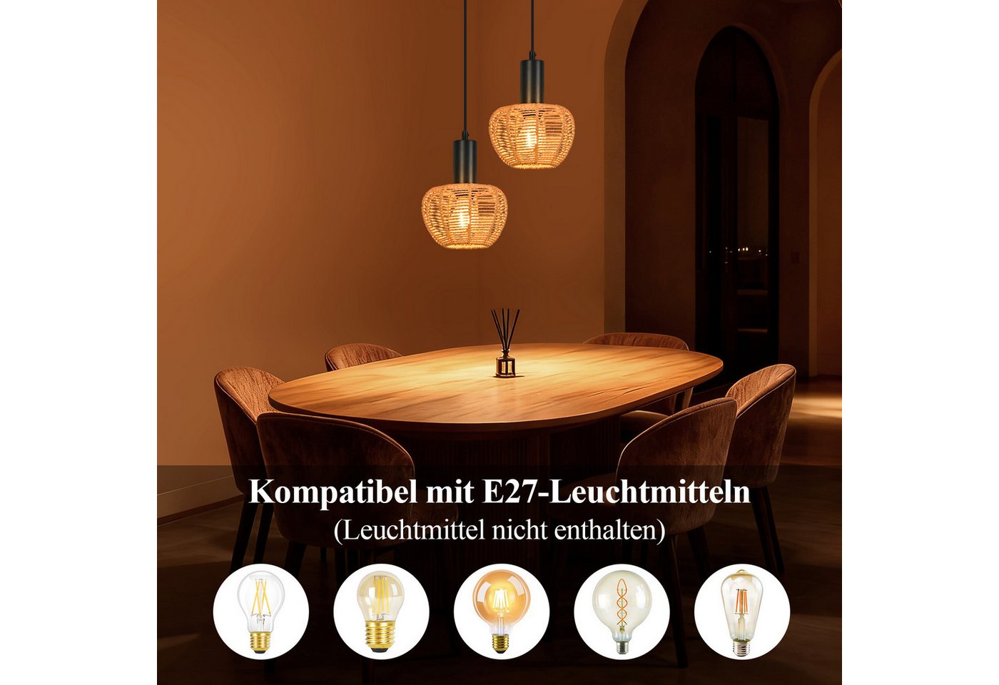 ZMH Pendelleuchte Esstisch, 1/3-flammig, Hängeleuchte mit geflochtenem Papierschirm, bis 120 cm höhenverstellbar, ohne Leuchtmittel, E27, Boho Vintage – Bild 4 von 5