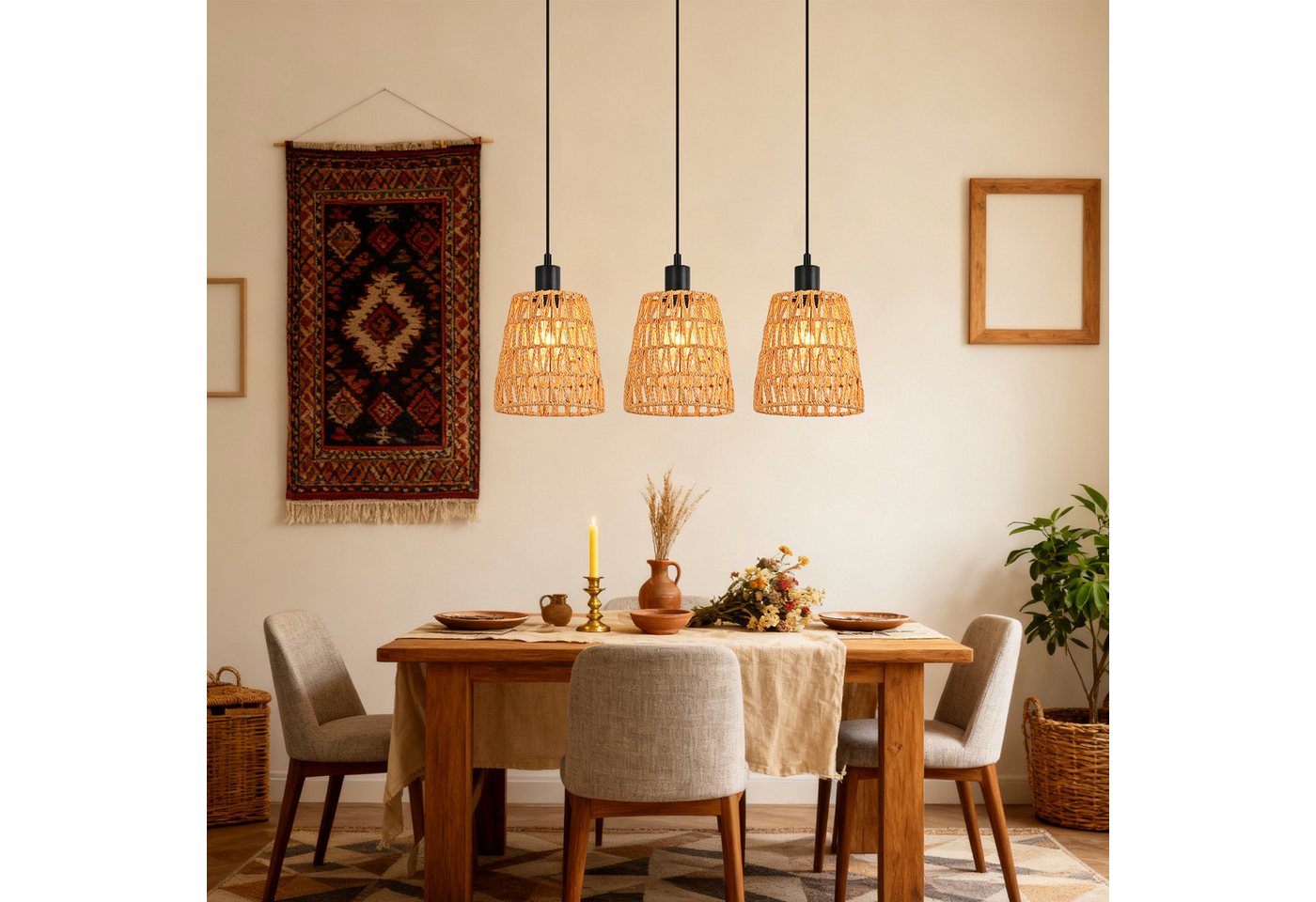 ZMH Pendelleuchte Esstisch, 1/3-flammig, Hängeleuchte mit geflochtenem Papierschirm, bis 120 cm höhenverstellbar, ohne Leuchtmittel, E27, Boho Vintage – Bild 2 von 5