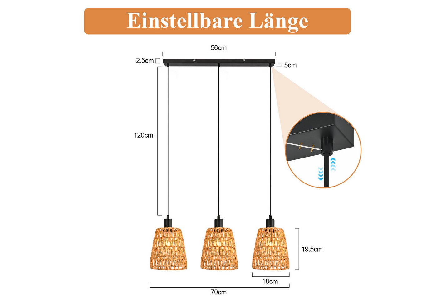 ZMH Pendelleuchte Esstisch, 1/3-flammig, Hängeleuchte mit geflochtenem Papierschirm, bis 120 cm höhenverstellbar, ohne Leuchtmittel, E27, Boho Vintage – Bild 3 von 5
