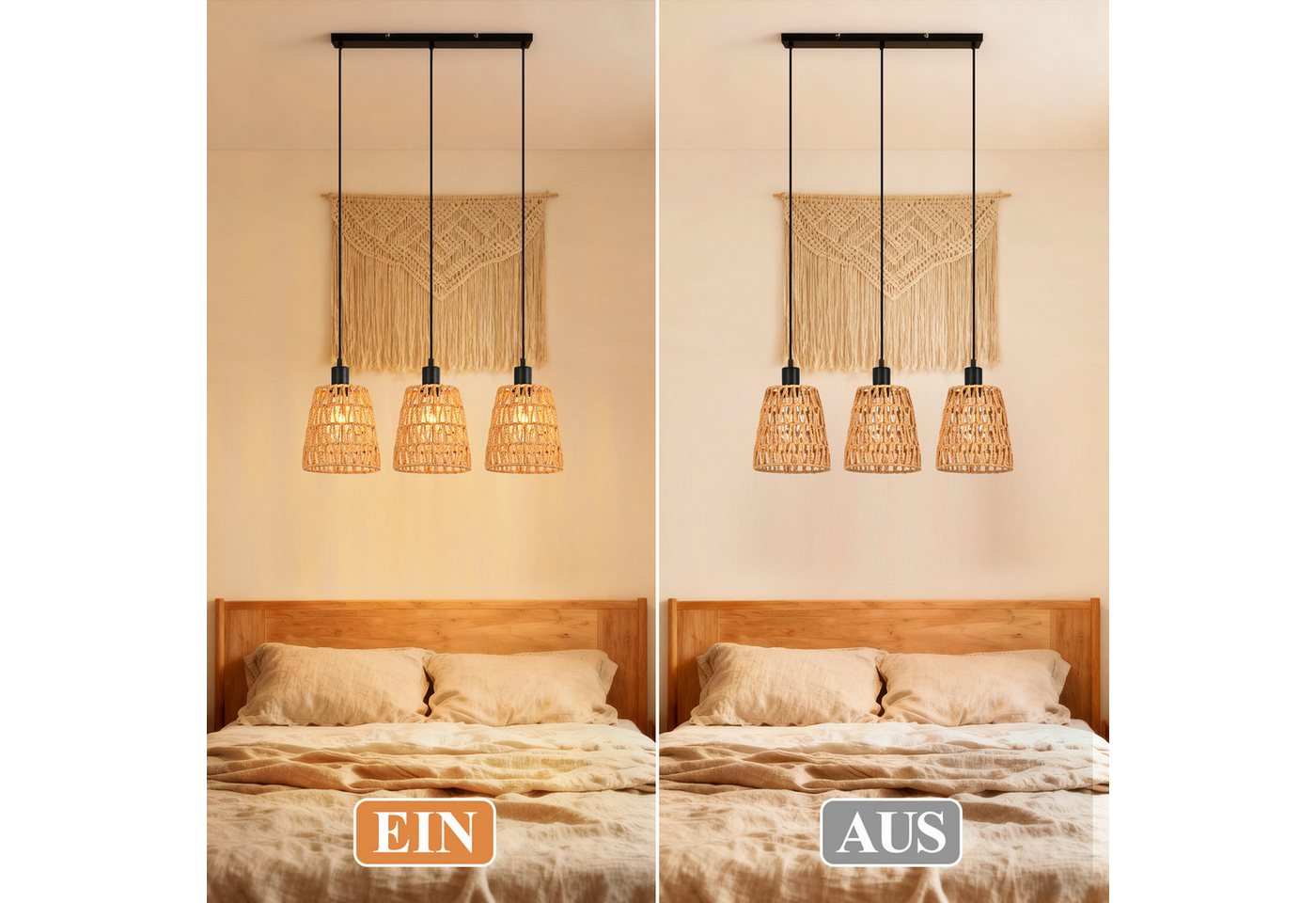 ZMH Pendelleuchte Esstisch, 1/3-flammig, Hängeleuchte mit geflochtenem Papierschirm, bis 120 cm höhenverstellbar, ohne Leuchtmittel, E27, Boho Vintage – Bild 4 von 5