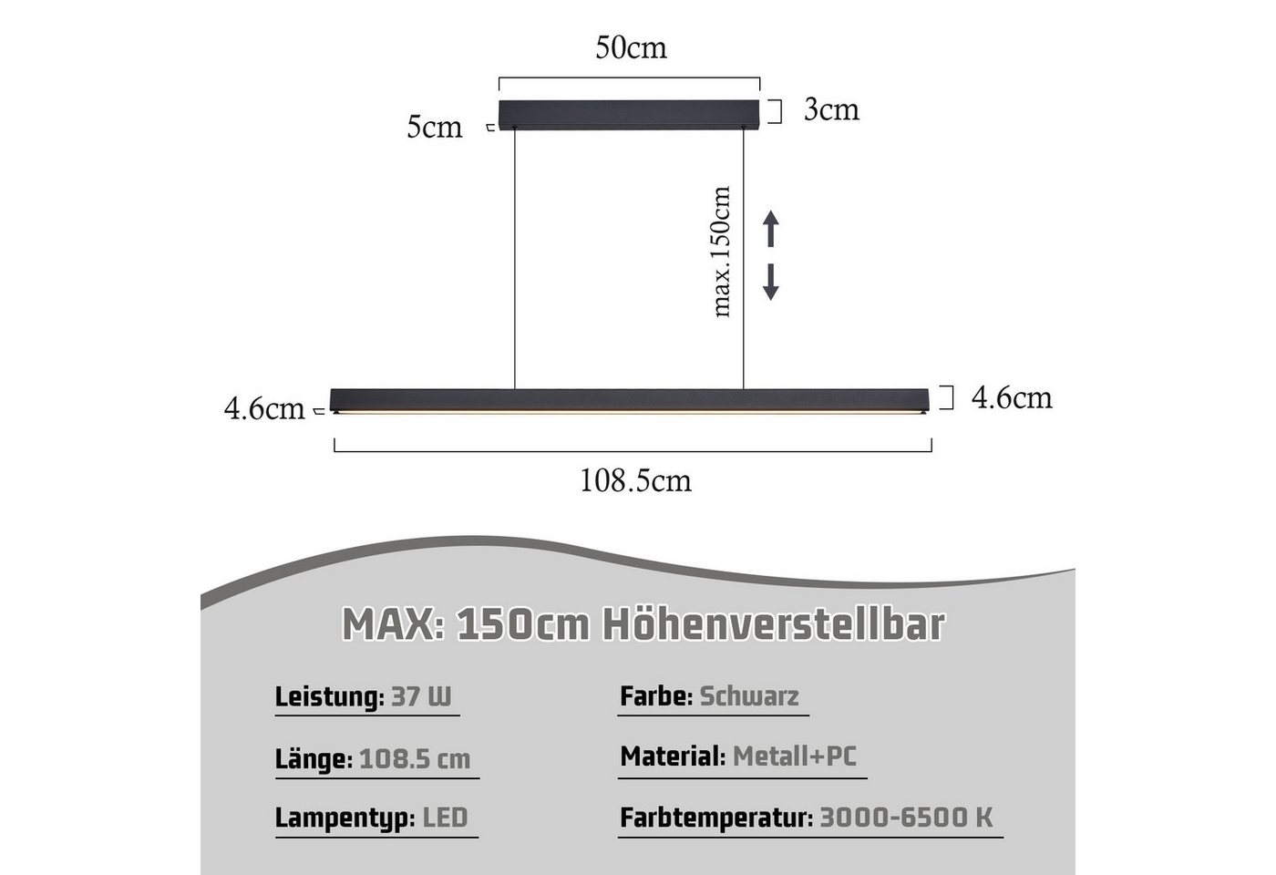 ZMH Pendelleuchte Esszimmer 108/148 CM Schwarz Linear Pendellampe 37W Dimmbar Küche, LED fest integriert, 3000-6500K, mit Fernbedienung Modern Hängeleuchte Wohn – Bild 2 von 5