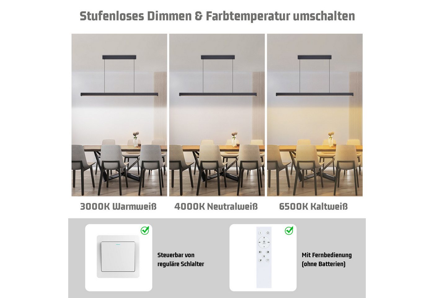 ZMH Pendelleuchte Esszimmer 108/148 CM Schwarz Linear Pendellampe 37W Dimmbar Küche, LED fest integriert, 3000-6500K, mit Fernbedienung Modern Hängeleuchte Wohn – Bild 3 von 5
