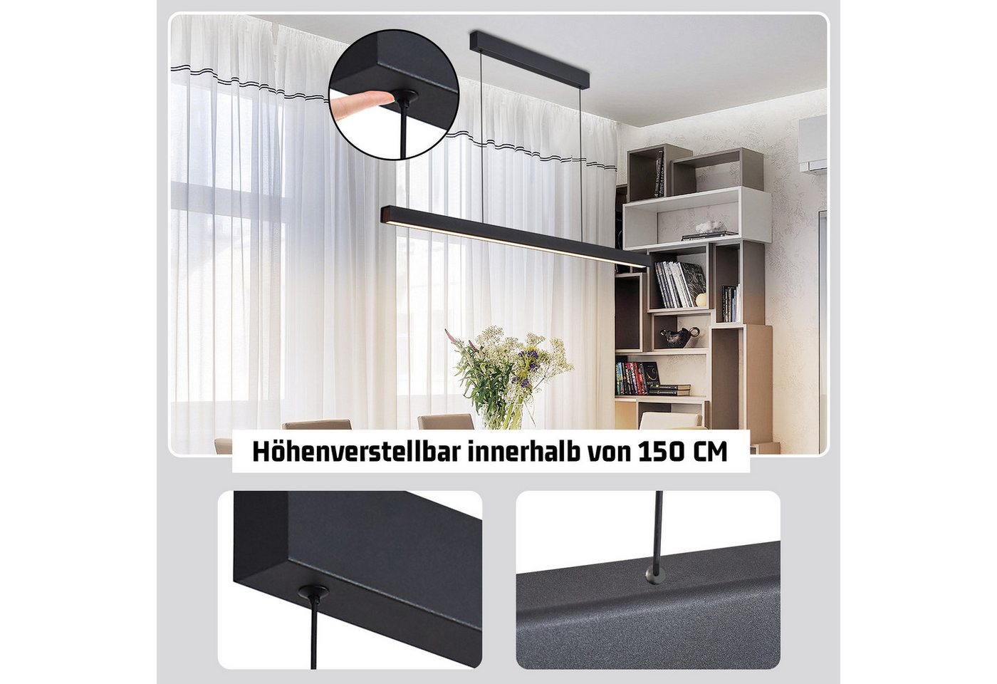 ZMH Pendelleuchte Esszimmer 108/148 CM Schwarz Linear Pendellampe 37W Dimmbar Küche, LED fest integriert, 3000-6500K, mit Fernbedienung Modern Hängeleuchte Wohn – Bild 5 von 5