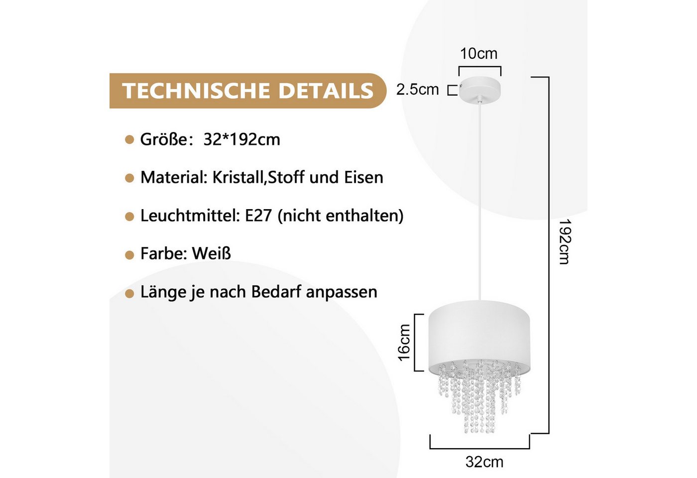 ZMH Pendelleuchte Esszimmer E27 Modern Kristall Stoff Hängeleuchte Wohnzimmer Flur, ohne Leuchtmittel, 192CM Höhenverstellbar Hängend Pendellampe Schlafzimmer – Bild 3 von 5