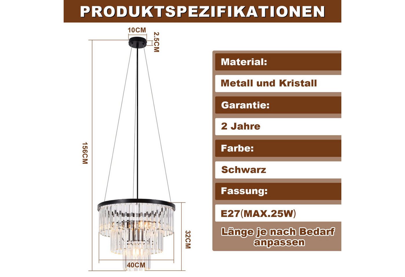 ZMH Pendelleuchte Kristall Ø 40 cm, E27 Hängeleuchte höhenverstellbar, Hochwertige Design, ohne Leuchtmittel, schwarze Hängelampe für Esstisch, Esszimmer und Wo – Bild 2 von 5