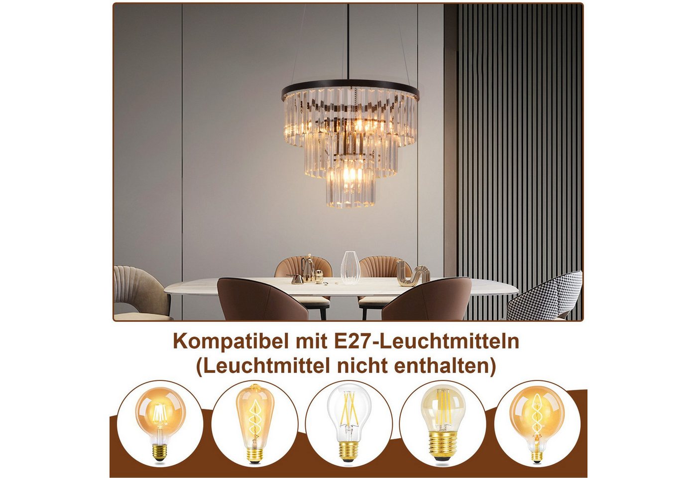 ZMH Pendelleuchte Kristall Ø 40 cm, E27 Hängeleuchte höhenverstellbar, Hochwertige Design, ohne Leuchtmittel, schwarze Hängelampe für Esstisch, Esszimmer und Wo – Bild 3 von 5