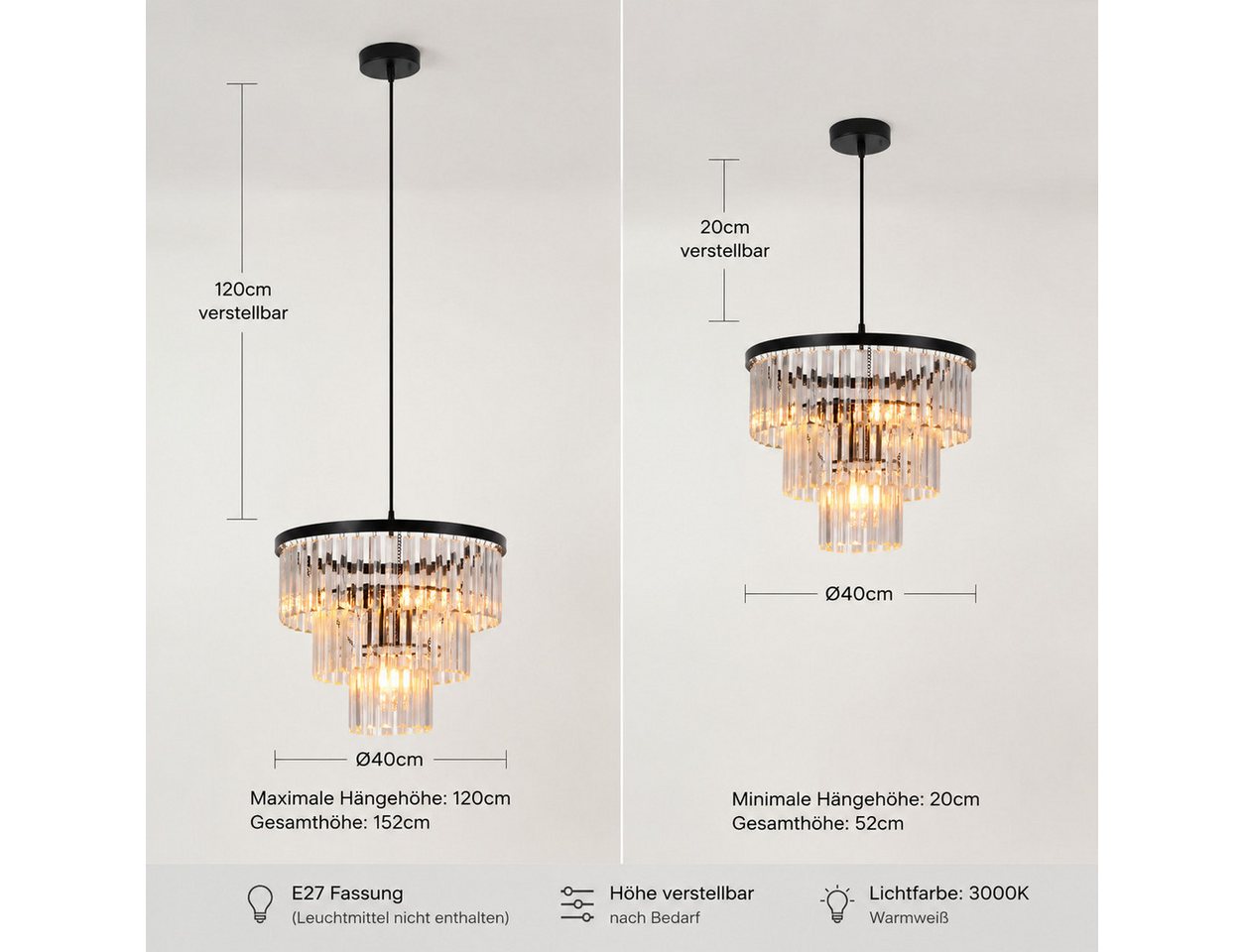 ZMH Pendelleuchte Kristall Ø 40 cm, E27 Hängeleuchte höhenverstellbar, Hochwertige Design, ohne Leuchtmittel, schwarze Hängelampe für Esstisch, Esszimmer und Wo – Bild 5 von 5