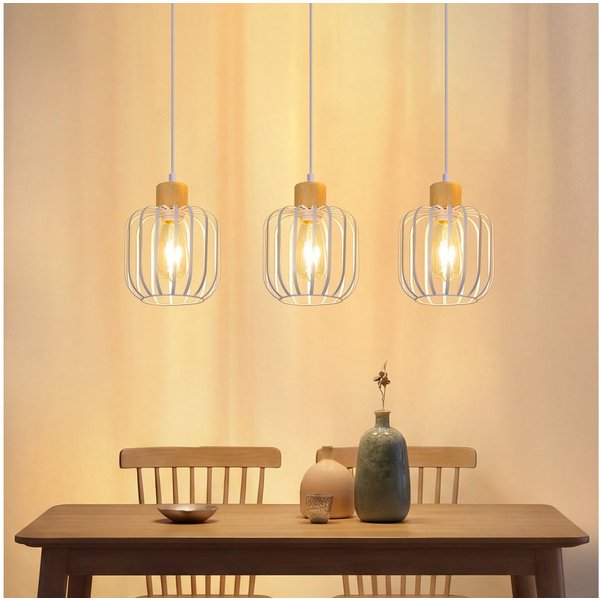 ZMH Pendelleuchte Weiß, 3 Köpfe, E27, geeignet für Esszimmer, Küche und Wohnzimmer, ohne Leuchtmittel, Hohlraum-Design, Holzfuß, höhenverstellbar, ohne Lichtque