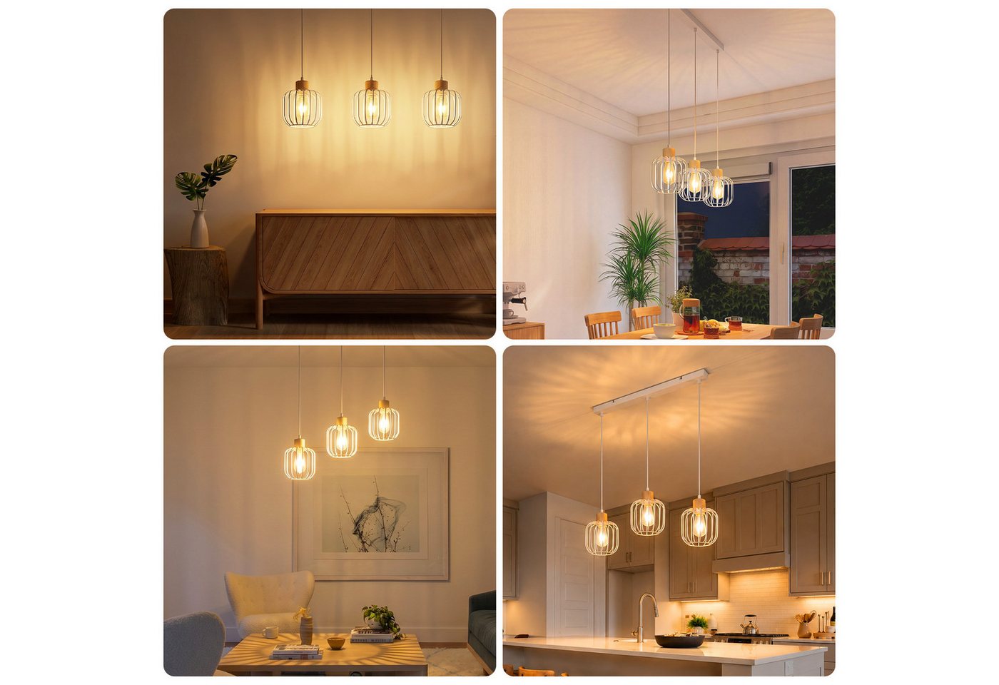 ZMH Pendelleuchte Weiß, 3 Köpfe, E27, geeignet für Esszimmer, Küche und Wohnzimmer, ohne Leuchtmittel, Hohlraum-Design, Holzfuß, höhenverstellbar, ohne Lichtque – Bild 2 von 5