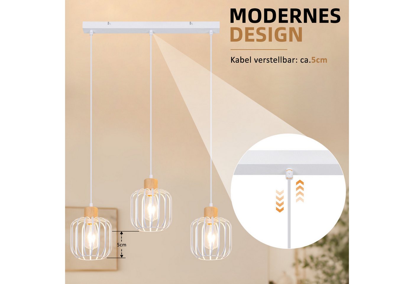 ZMH Pendelleuchte Weiß, 3 Köpfe, E27, geeignet für Esszimmer, Küche und Wohnzimmer, ohne Leuchtmittel, Hohlraum-Design, Holzfuß, höhenverstellbar, ohne Lichtque – Bild 3 von 5