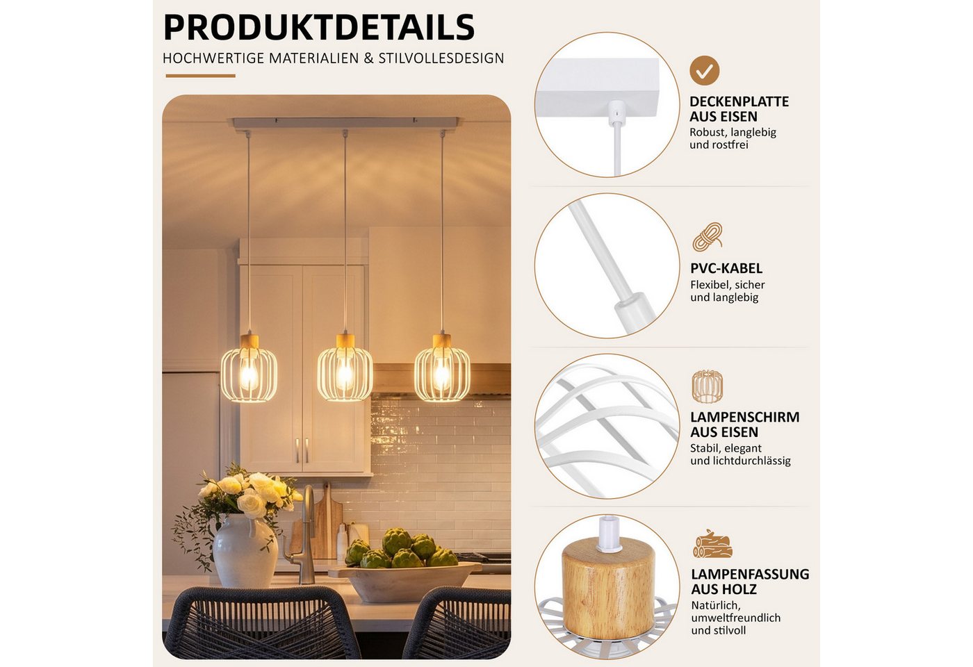 ZMH Pendelleuchte Weiß, 3 Köpfe, E27, geeignet für Esszimmer, Küche und Wohnzimmer, ohne Leuchtmittel, Hohlraum-Design, Holzfuß, höhenverstellbar, ohne Lichtque – Bild 4 von 5