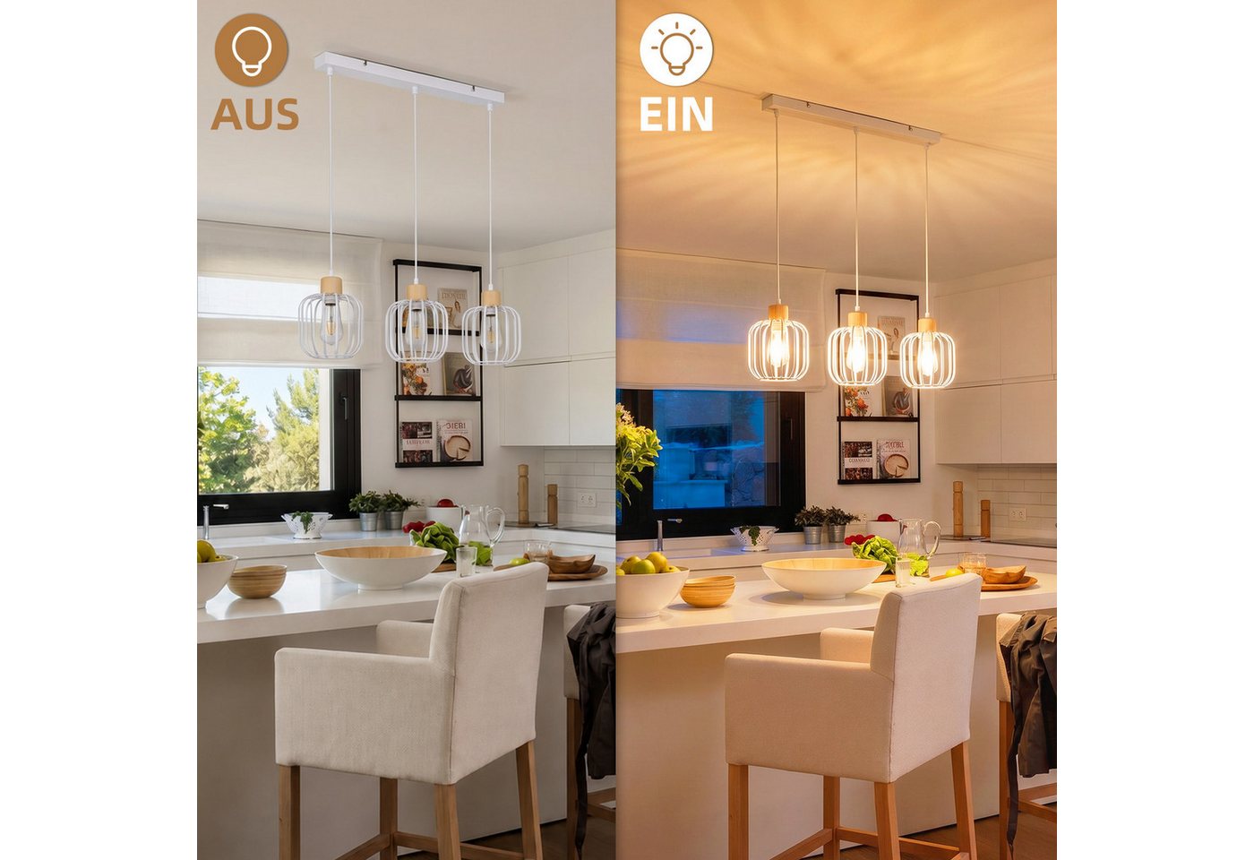 ZMH Pendelleuchte Weiß, 3 Köpfe, E27, geeignet für Esszimmer, Küche und Wohnzimmer, ohne Leuchtmittel, Hohlraum-Design, Holzfuß, höhenverstellbar, ohne Lichtque – Bild 5 von 5
