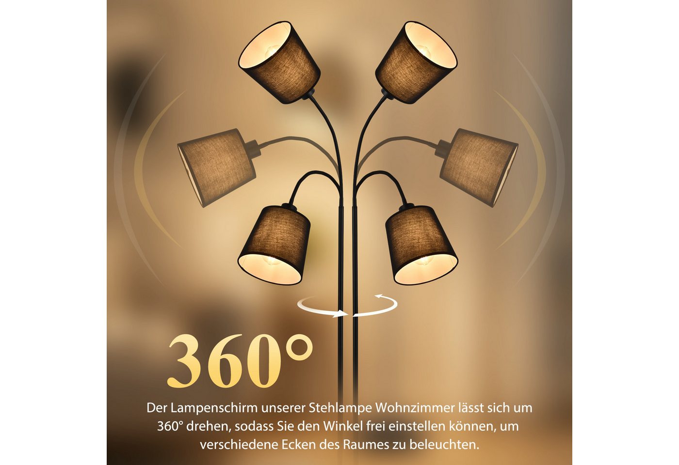 ZMH Stehlampe Wohnzimmer Modern E27 Metall Stehleuchte Stoffschirm Schlafzimmer Flur, ohne Leuchtmittel, Metall & Stoff,360° verstellbarem Federarm und Fußschal – Bild 2 von 5