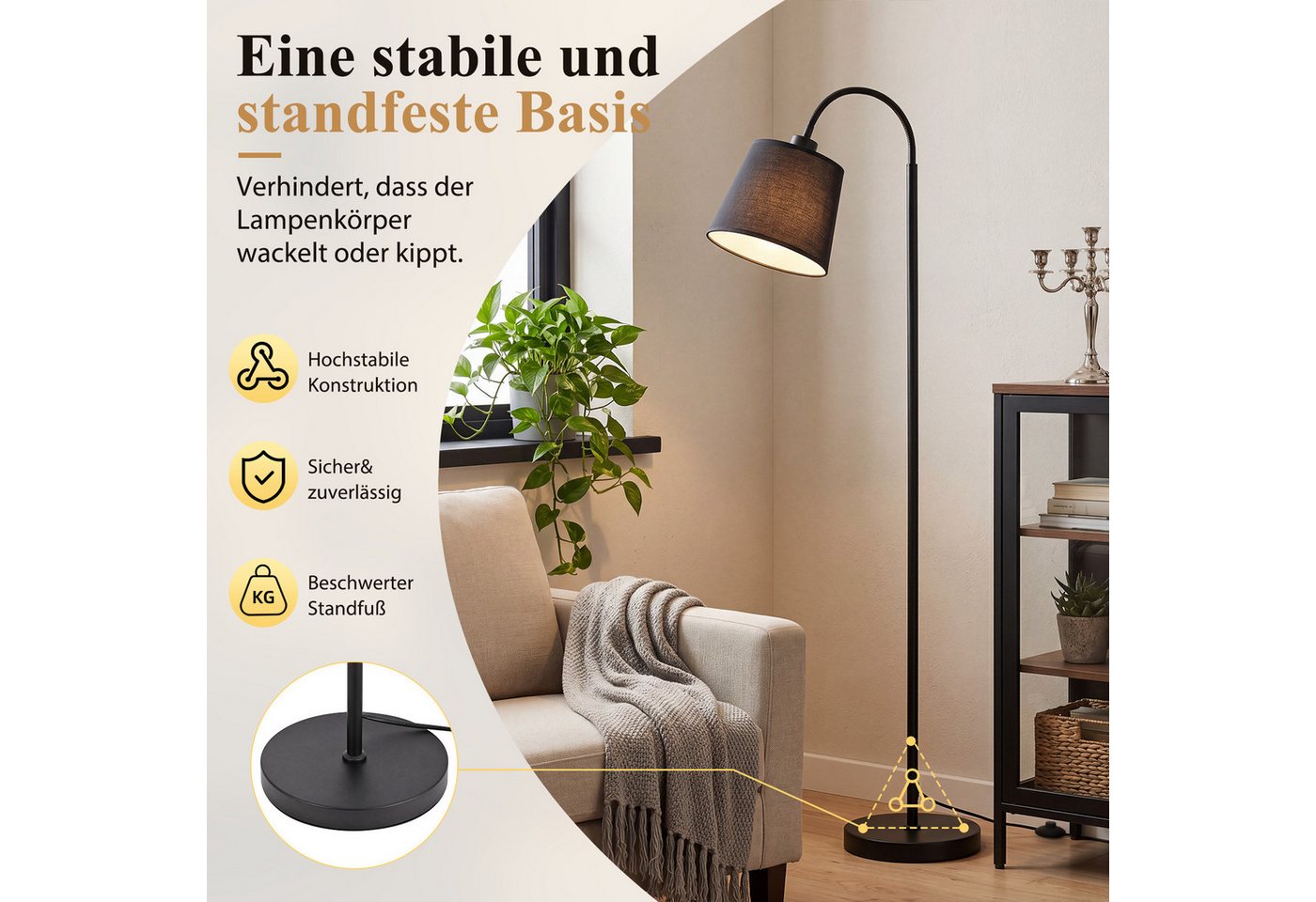 ZMH Stehlampe Wohnzimmer Modern E27 Metall Stehleuchte Stoffschirm Schlafzimmer Flur, ohne Leuchtmittel, Metall & Stoff,360° verstellbarem Federarm und Fußschal – Bild 3 von 5