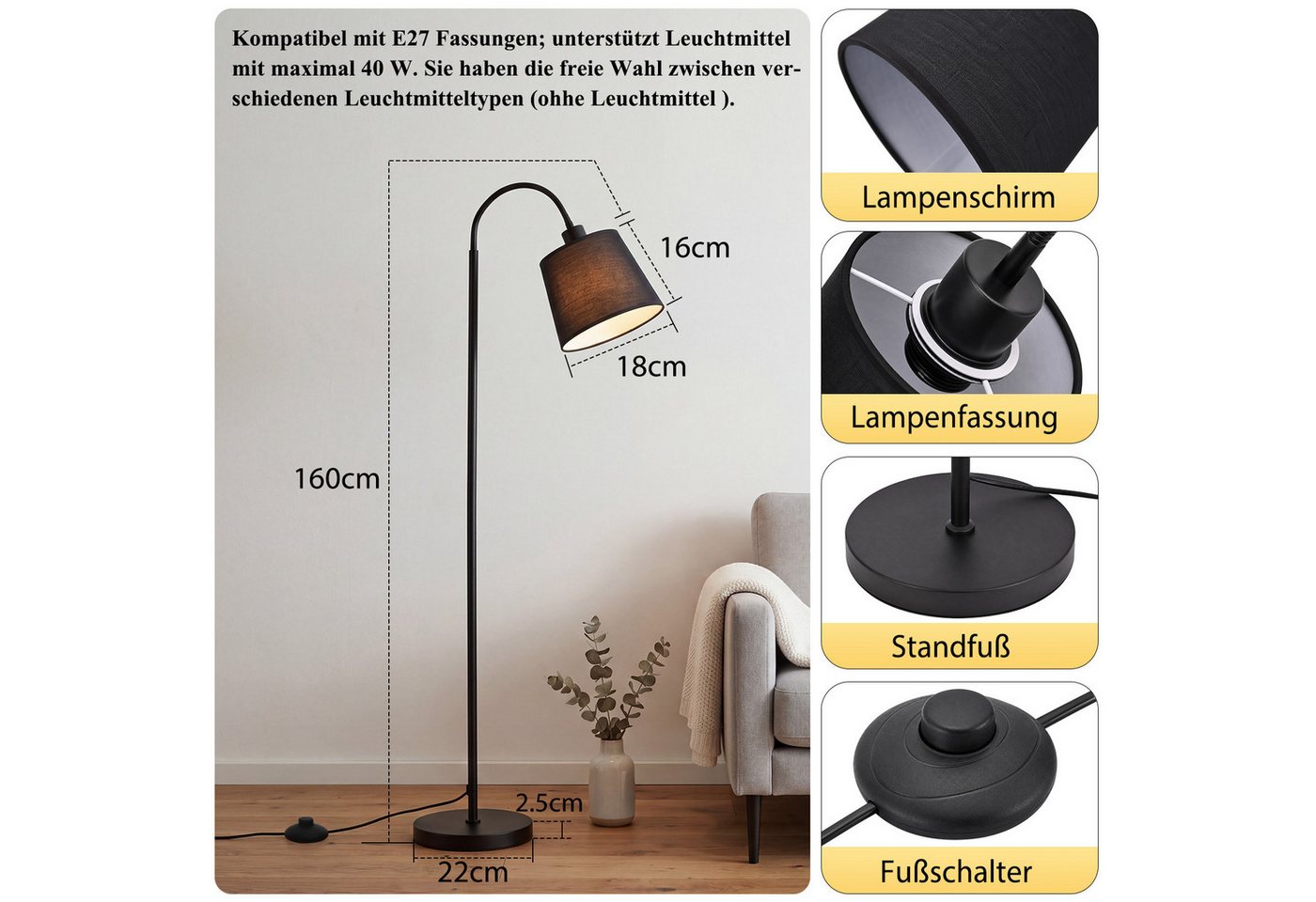 ZMH Stehlampe Wohnzimmer Modern E27 Metall Stehleuchte Stoffschirm Schlafzimmer Flur, ohne Leuchtmittel, Metall & Stoff,360° verstellbarem Federarm und Fußschal – Bild 4 von 5