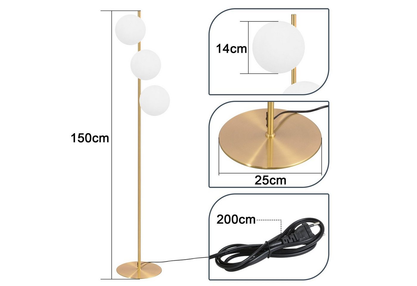 ZMH Stehlampe Wohnzimmer Glas Vintage 3-flammig E27 Stehleuchte Schlafzimmer, ohne Leuchtmittel, Metall & Glas,dekoration wohnzimmer,leselampe für Esszimmer – Bild 2 von 5
