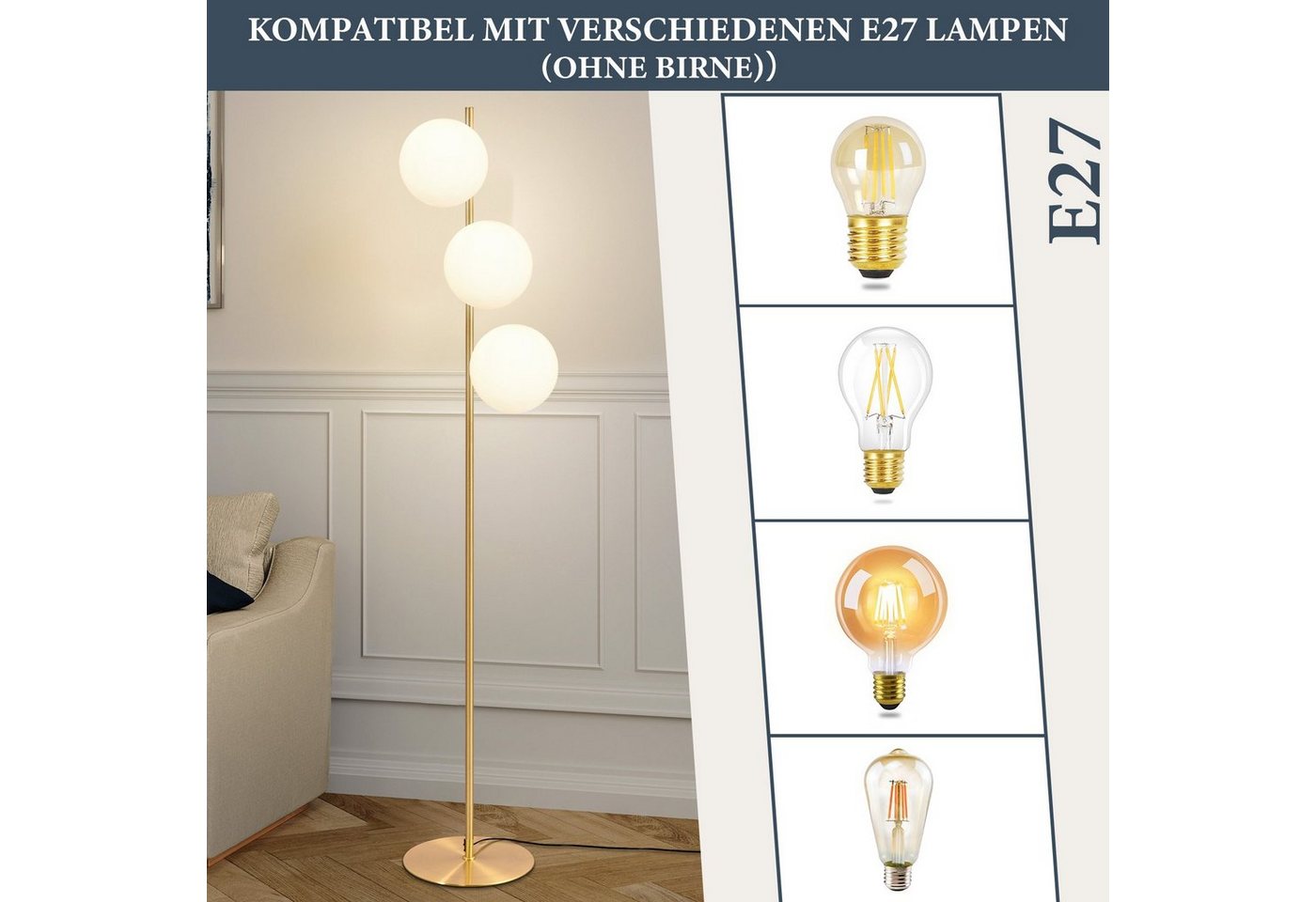ZMH Stehlampe Wohnzimmer Glas Vintage 3-flammig E27 Stehleuchte Schlafzimmer, ohne Leuchtmittel, Metall & Glas,dekoration wohnzimmer,leselampe für Esszimmer – Bild 4 von 5