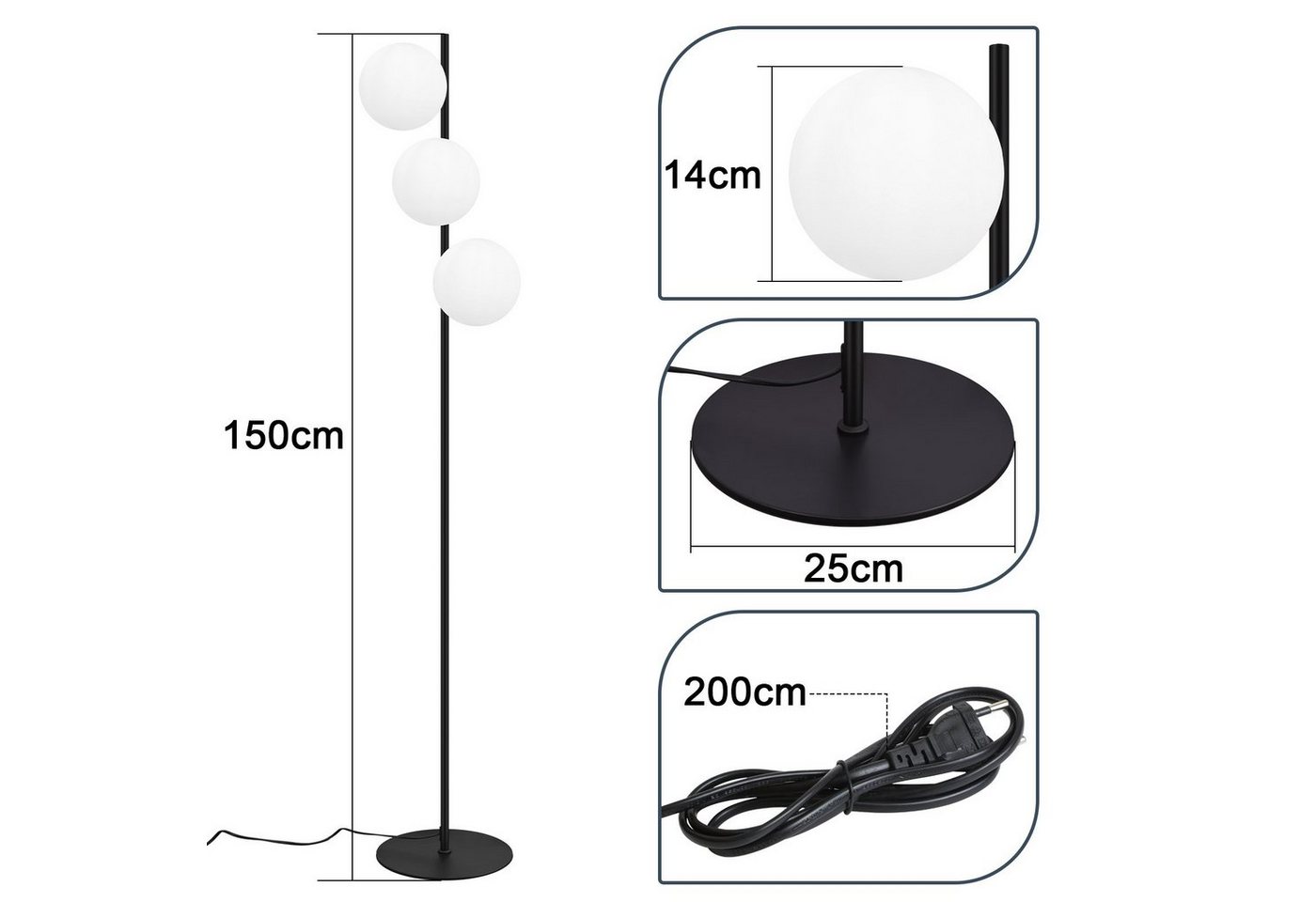 ZMH Stehlampe Wohnzimmer Glas Vintage 3-flammig E27 Stehleuchte Schlafzimmer, ohne Leuchtmittel, Metall & Glas,dekoration wohnzimmer,leselampe für Esszimmer – Bild 2 von 5