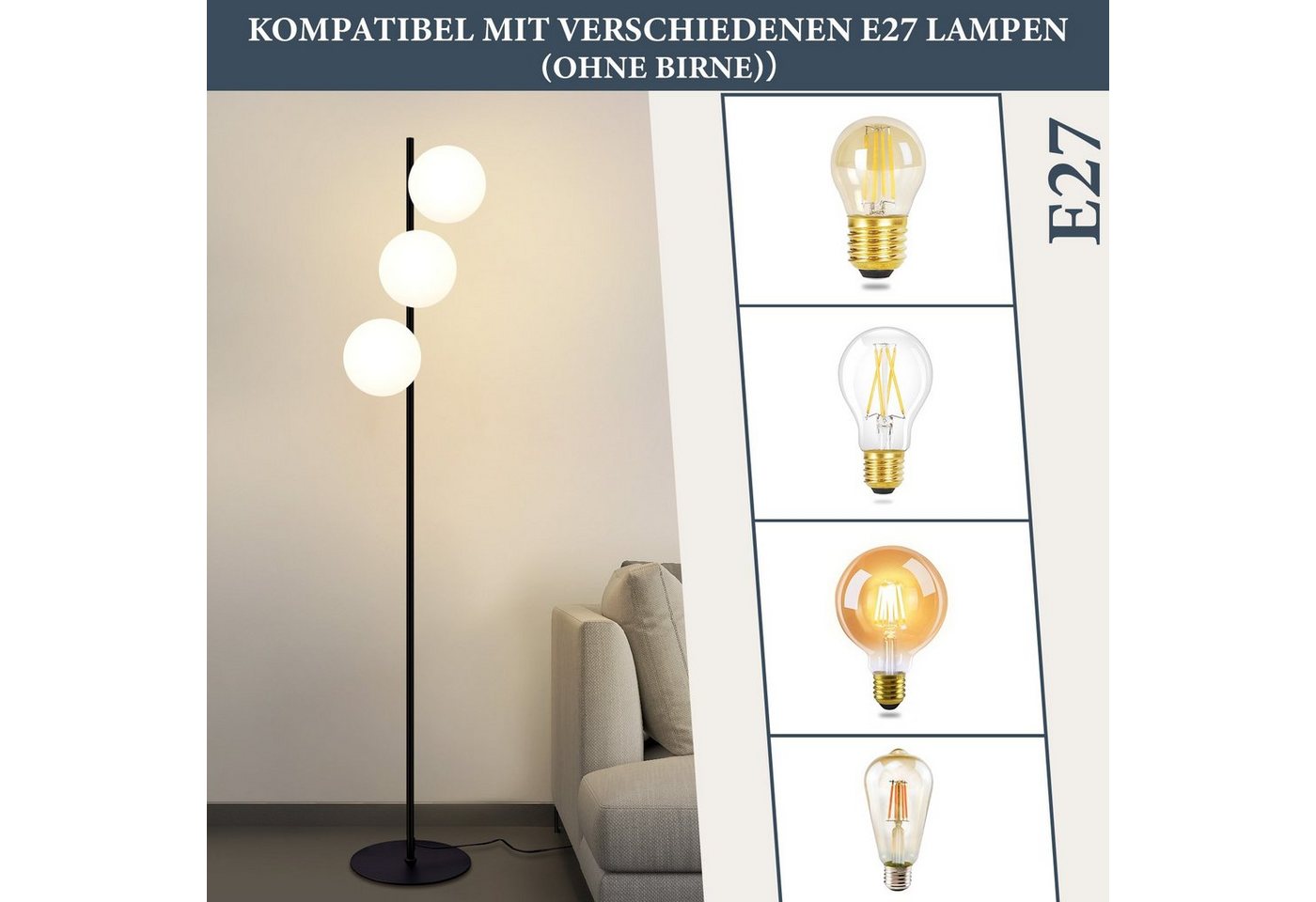 ZMH Stehlampe Wohnzimmer Glas Vintage 3-flammig E27 Stehleuchte Schlafzimmer, ohne Leuchtmittel, Metall & Glas,dekoration wohnzimmer,leselampe für Esszimmer – Bild 4 von 5