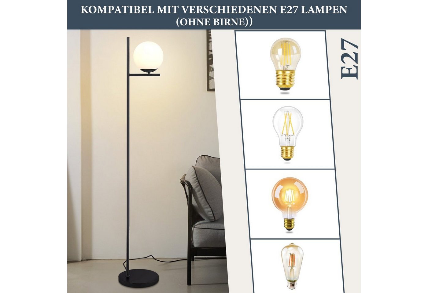 ZMH Stehlampe Wohnzimmer Gold/Schwarz Vintage 1-flammig E27 Glas Schlafzimmer Flur, ohne Leuchtmittel, Metall & Glas,Vintage Bodenlampe für Wohnzimmer Schlafzim – Bild 4 von 5