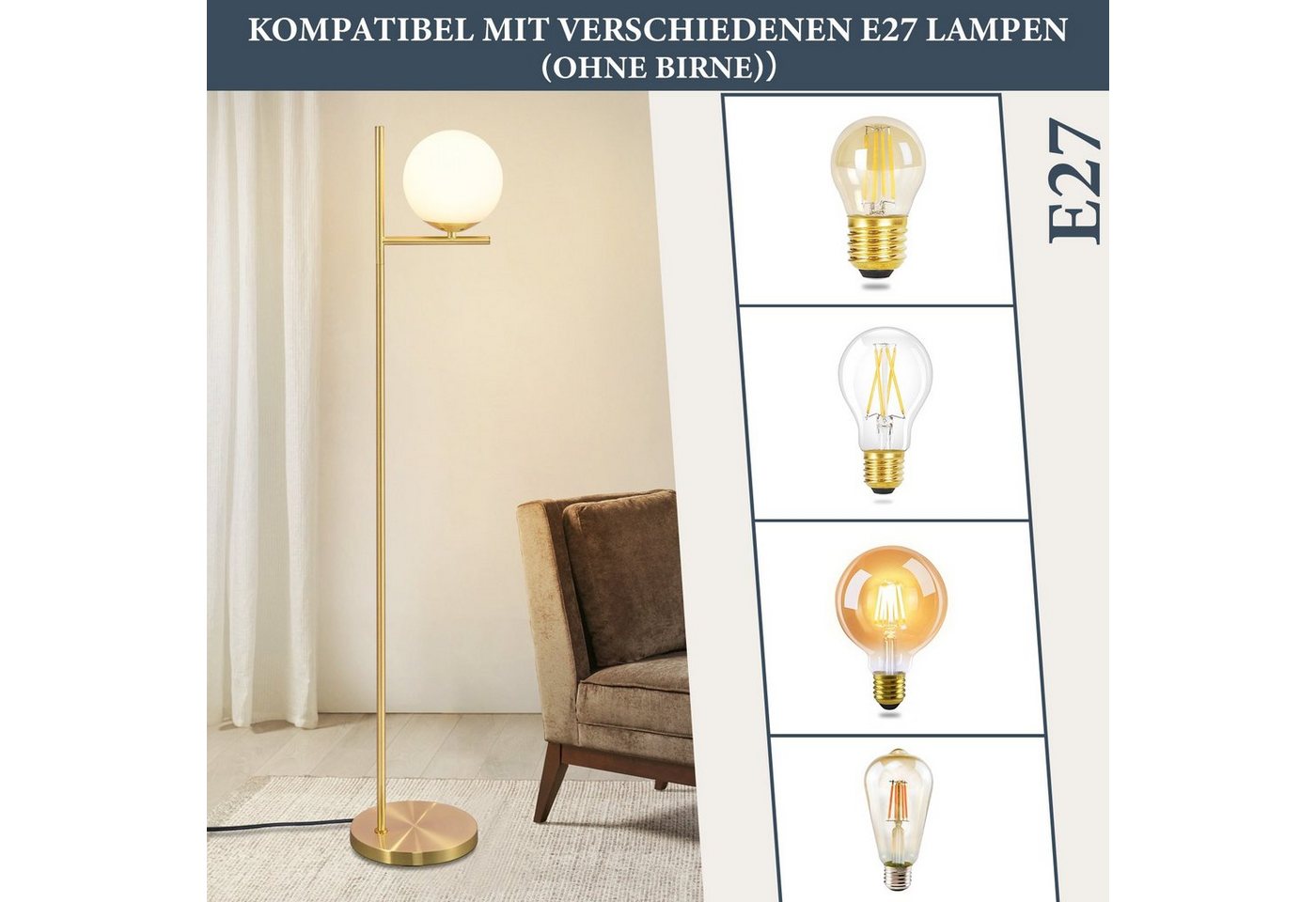 ZMH Stehlampe Wohnzimmer Gold/Schwarz Vintage 1-flammig E27 Glas Schlafzimmer Flur, ohne Leuchtmittel, Metall & Glas,Vintage Bodenlampe für Wohnzimmer Schlafzim – Bild 4 von 5