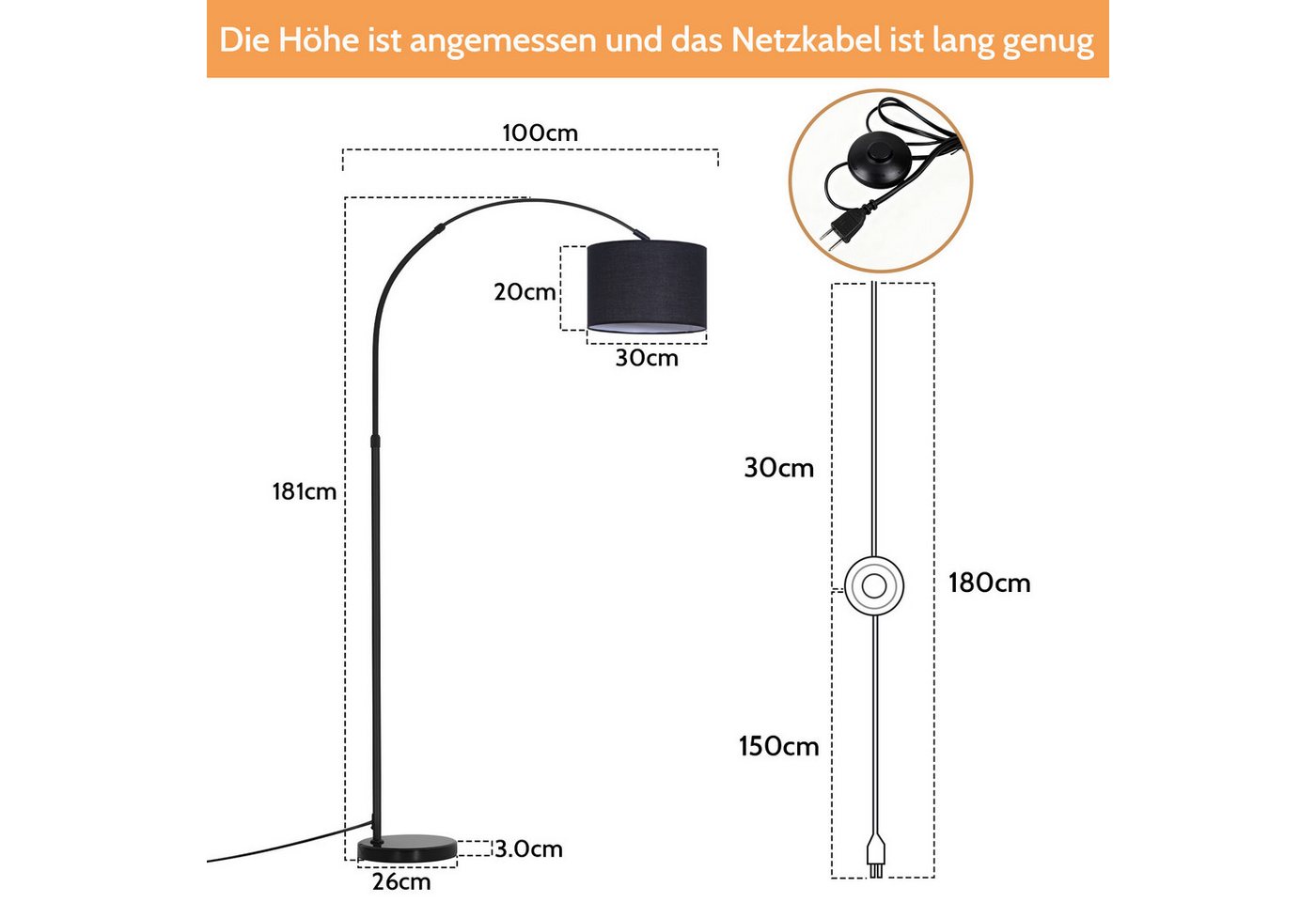 ZMH Stehlampe Wohnzimmer E27 Stehleuchte Stoffschirm Bogenlampe Schlafzimmer, ohne Leuchtmittel, Metall & Stoff,für Wohnzimmer, Schlafzimmer und Leseecke – Bild 2 von 5