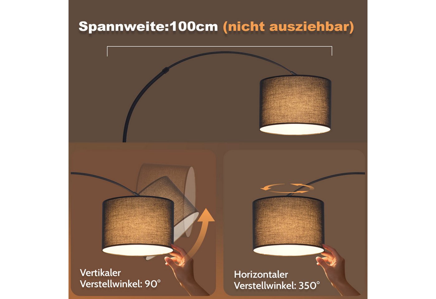 ZMH Stehlampe Wohnzimmer E27 Stehleuchte Stoffschirm Bogenlampe Schlafzimmer, ohne Leuchtmittel, Metall & Stoff,für Wohnzimmer, Schlafzimmer und Leseecke – Bild 3 von 5