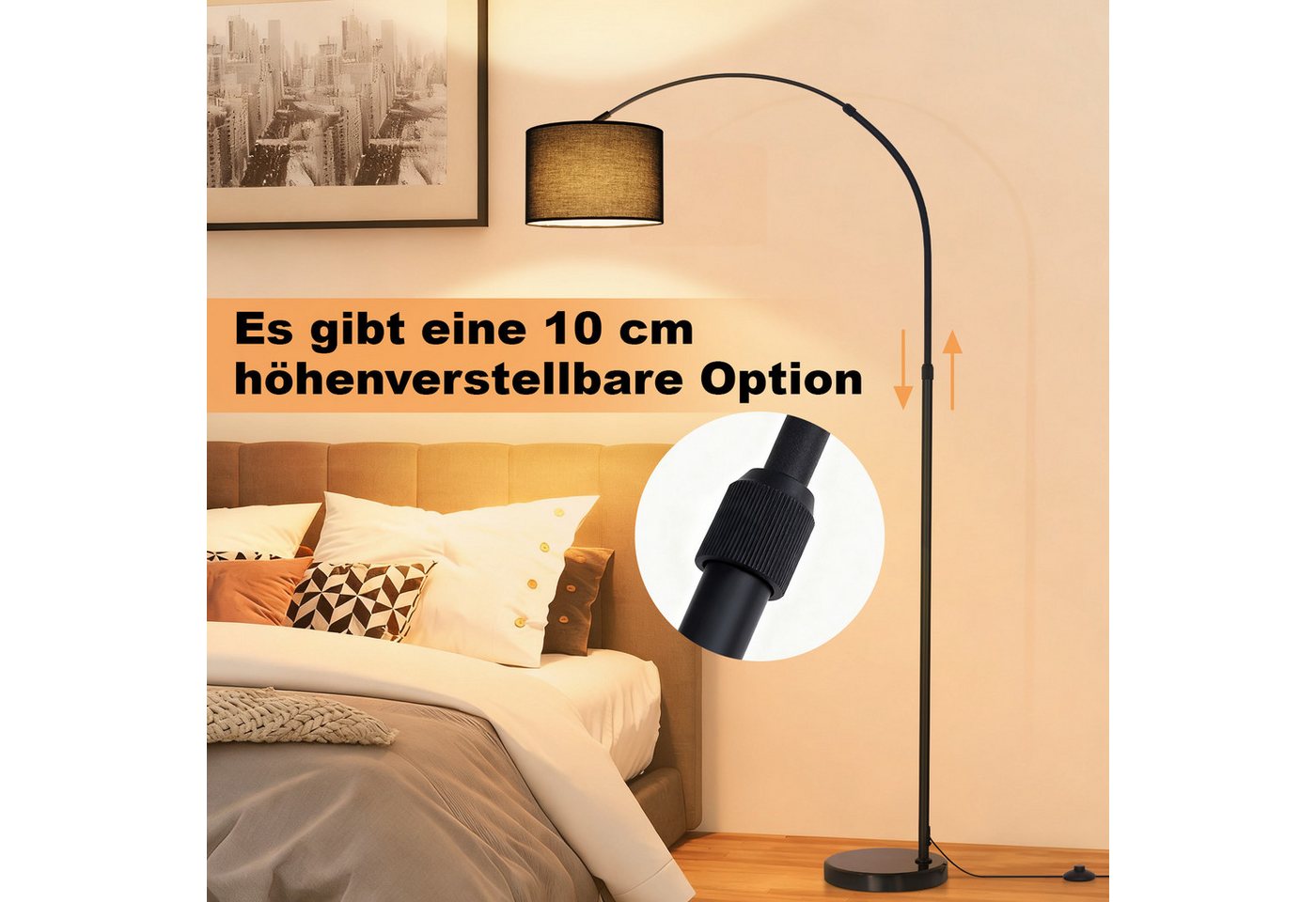 ZMH Stehlampe Wohnzimmer E27 Stehleuchte Stoffschirm Bogenlampe Schlafzimmer, ohne Leuchtmittel, Metall & Stoff,für Wohnzimmer, Schlafzimmer und Leseecke – Bild 4 von 5