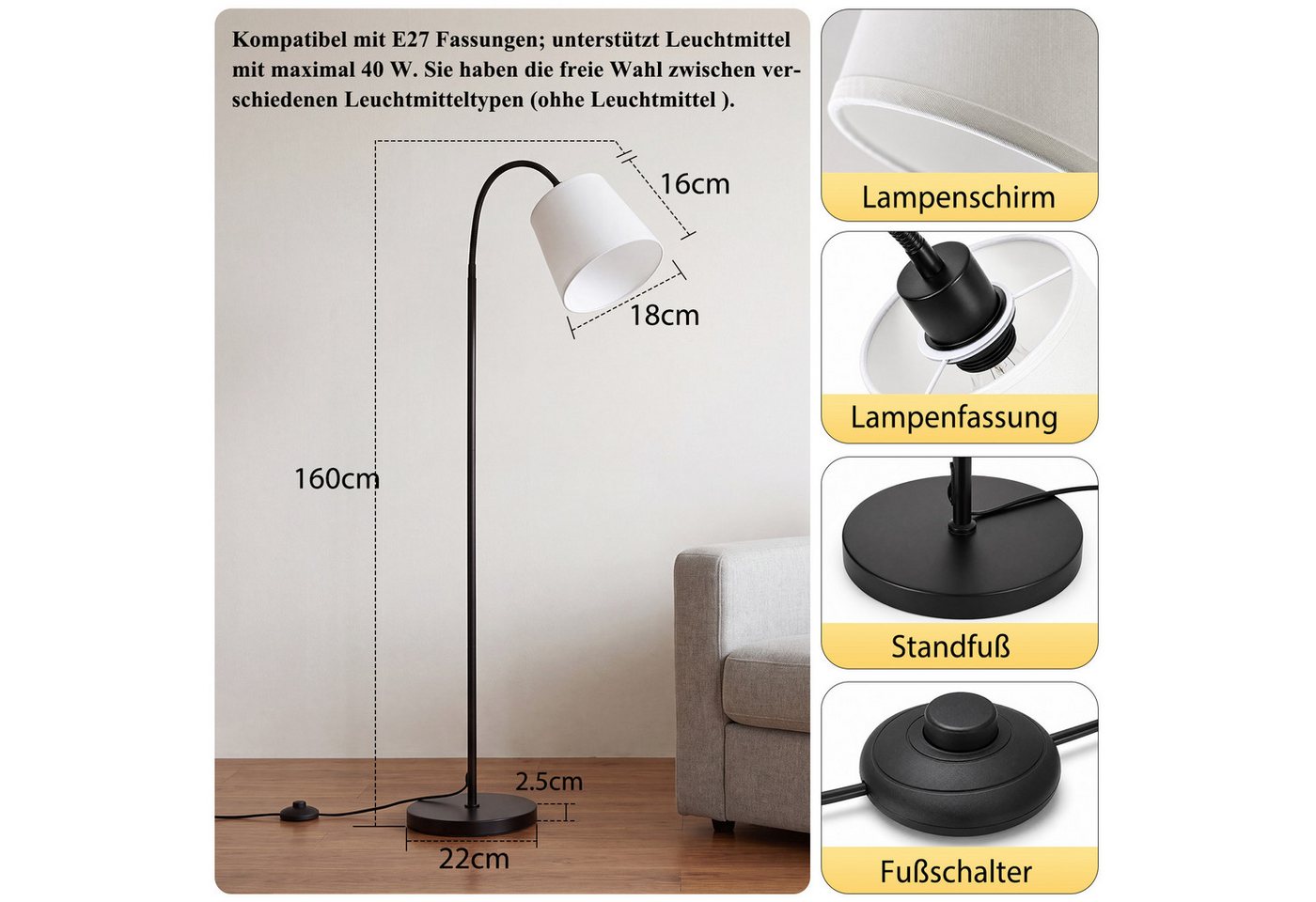 ZMH Stehlampe Wohnzimmer Modern Stehleuchte Stoff E27 Bogenlampe Metall Schlafzimmer, ohne Leuchtmittel, Lesezimmer Kinderzimmer, 160 cm 360° drehbar beigefarbe – Bild 2 von 5
