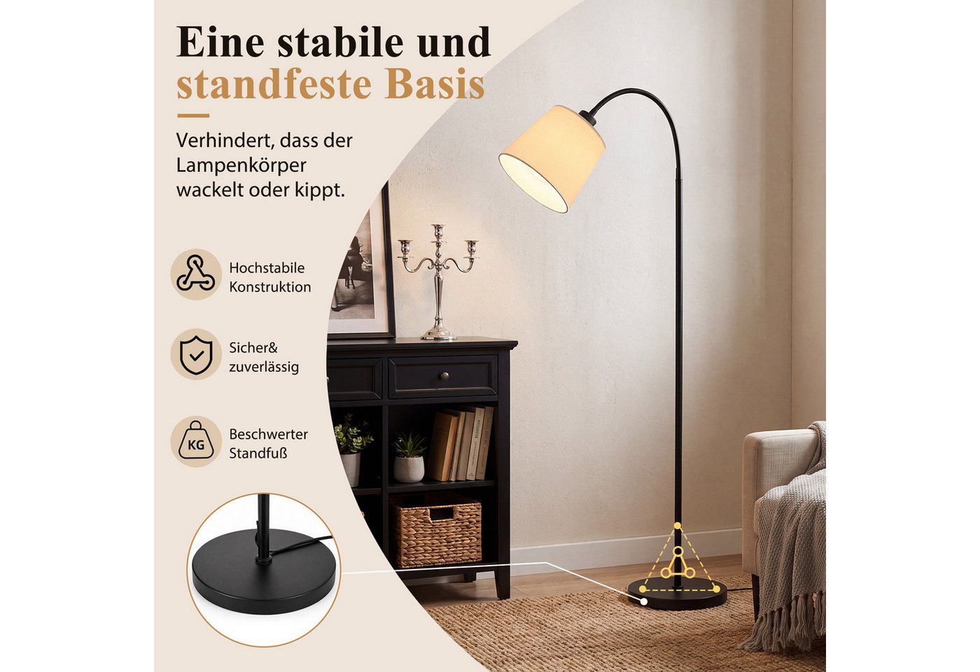 ZMH Stehlampe Wohnzimmer Modern Stehleuchte Stoff E27 Bogenlampe Metall Schlafzimmer, ohne Leuchtmittel, Lesezimmer Kinderzimmer, 160 cm 360° drehbar beigefarbe – Bild 4 von 5