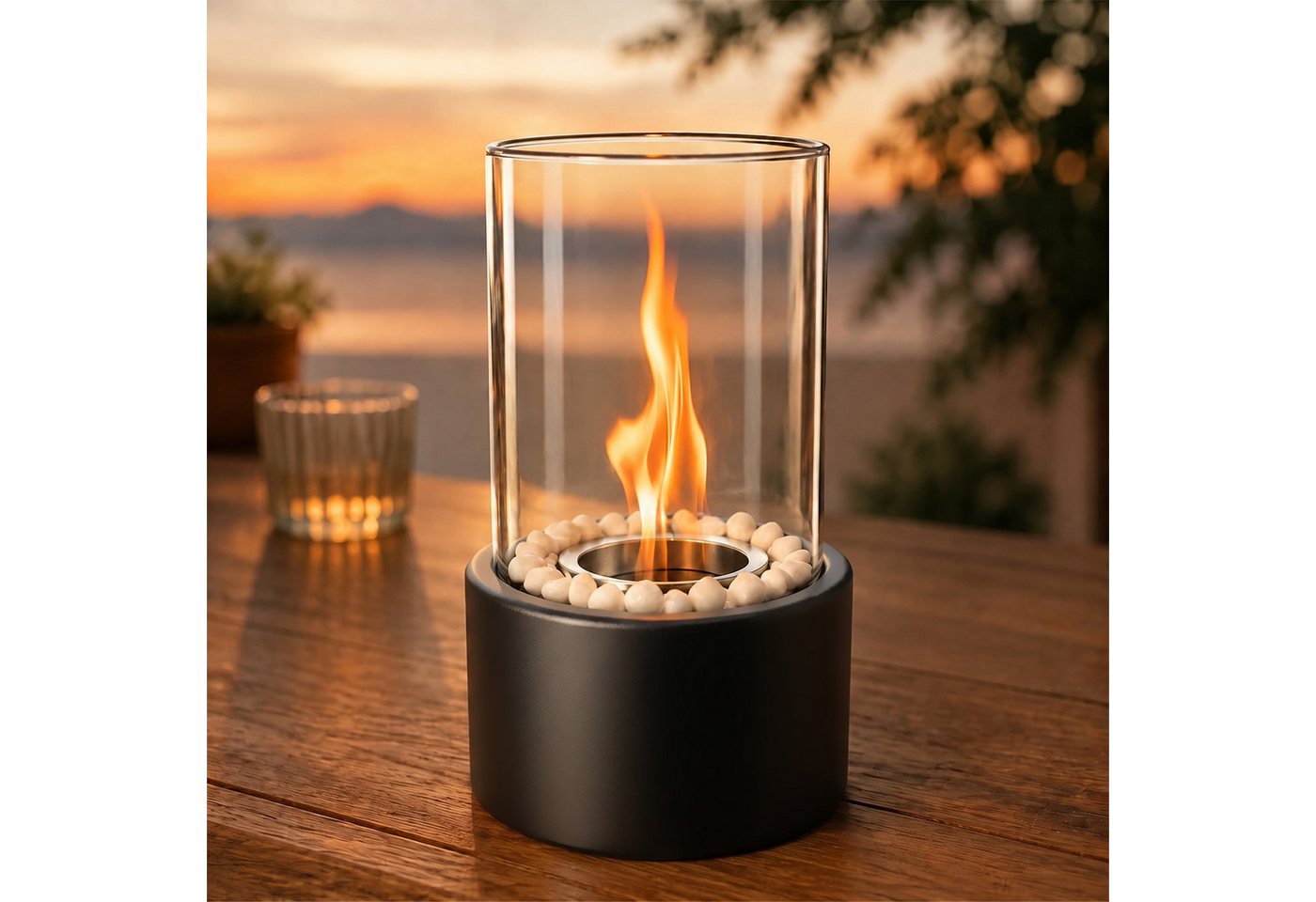 ZMH Tischfeuer Schwarzer Zylinder, mit Glaszylinder, Löschdeckel und Dekostein, Zylindrisch, 110 ml, ca. 1 Std., Windschutz, hitzebeständig – Bild 2 von 5